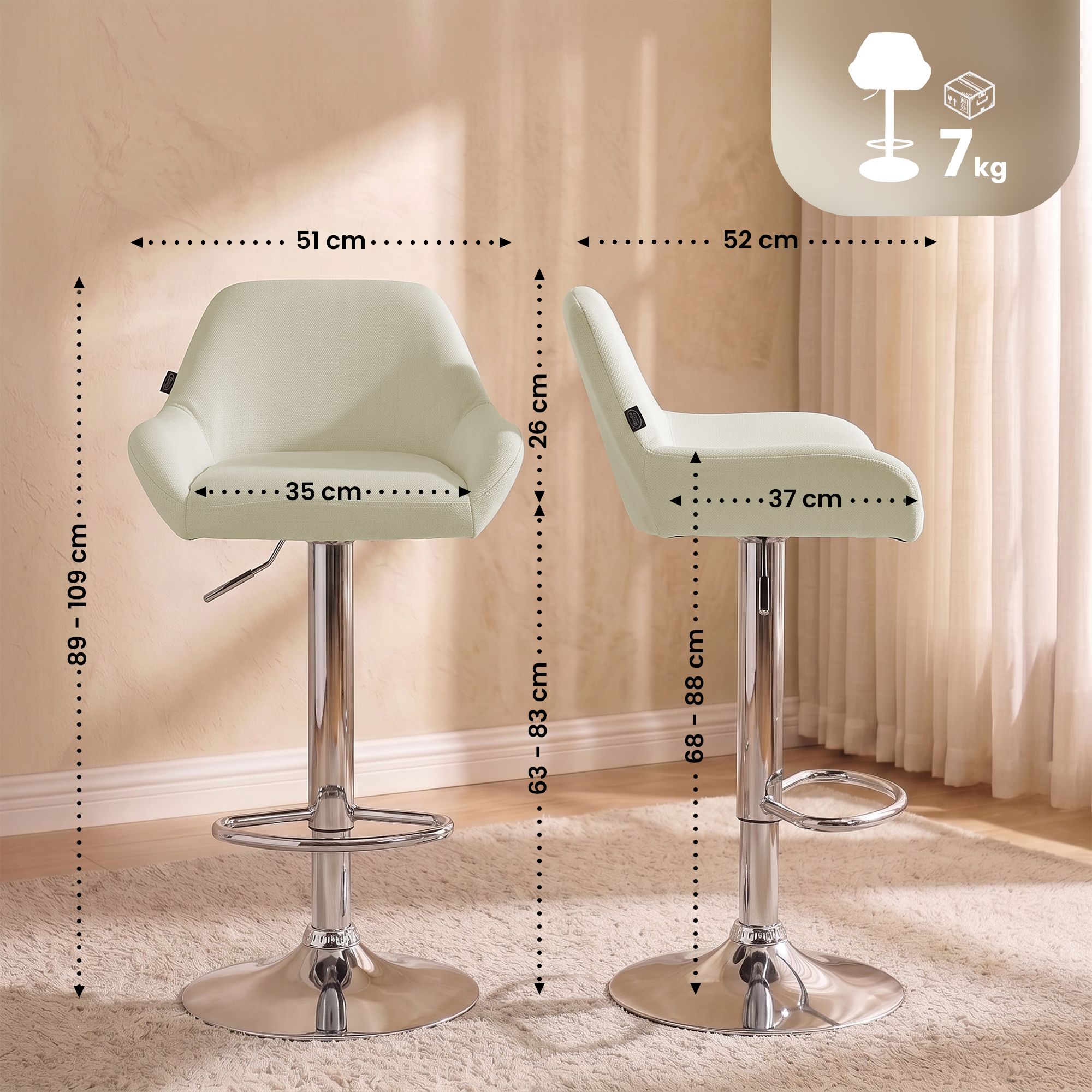 2er Set Barhocker Braga Stoff chrom, creme