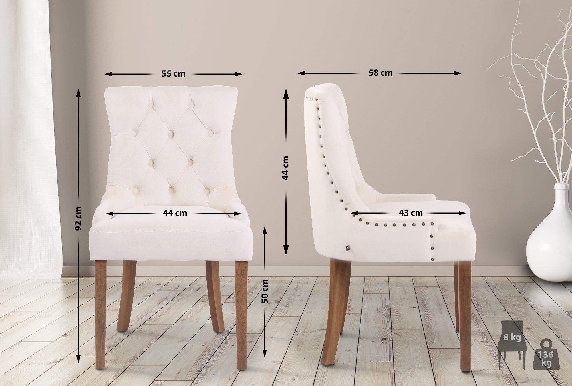 4er Set Esszimmerstühle Aberdeen Samt antik-hell, creme