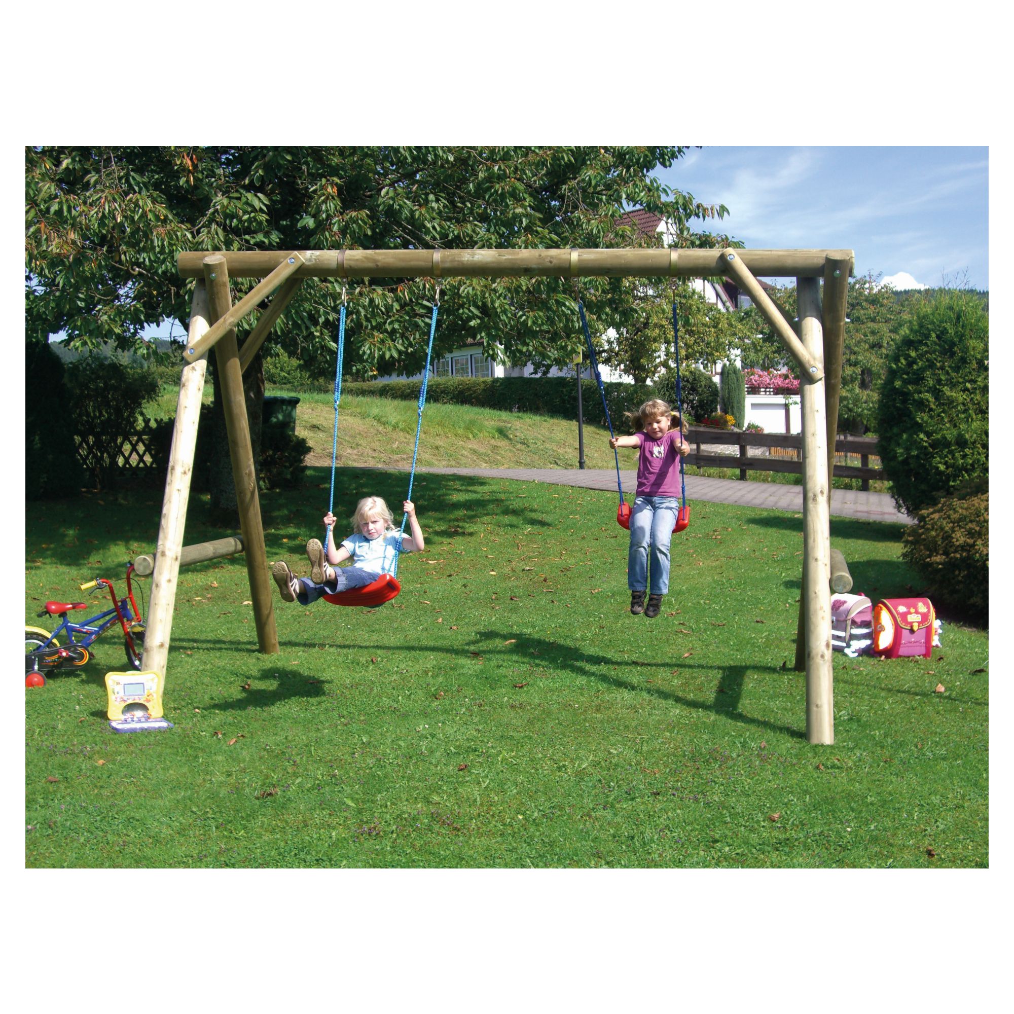 527191 MAXI-Doppelschaukel stabil, B 300 x T 220 x H 220 cm, kdi-grün, Rundhölzer D12 cm, Querbalken D14 cm