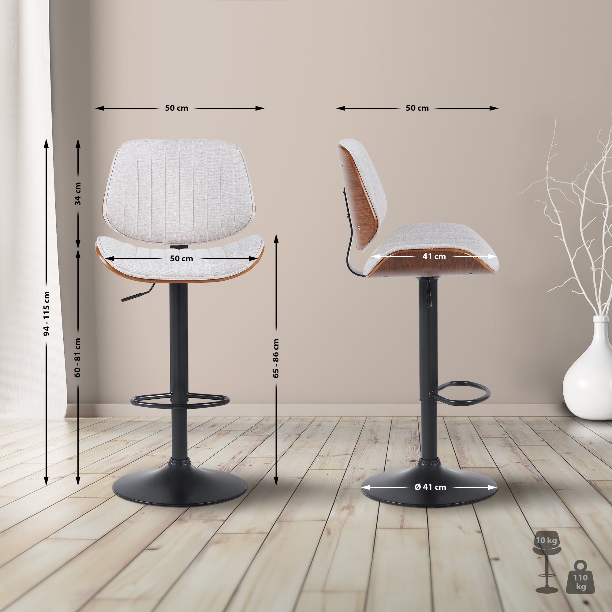 2er Set Barhocker Clawson Stoff schwarz, walnuss/creme