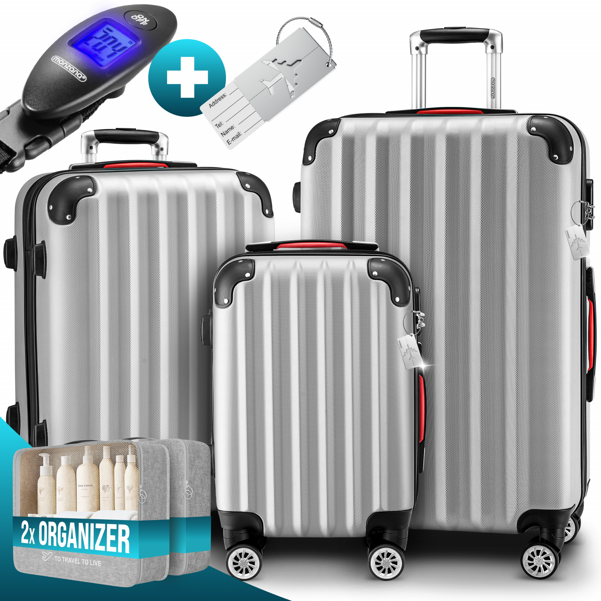 Hartschalenkoffer Set 3-tlg mit Zubehör Rollen 360º Silber ABS