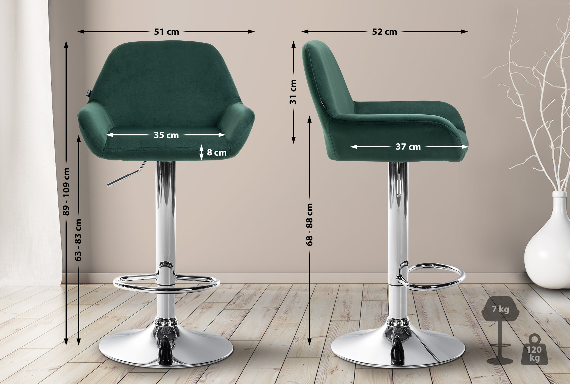 2er Set Barhocker Braga Samt chrom, dunkelgrün