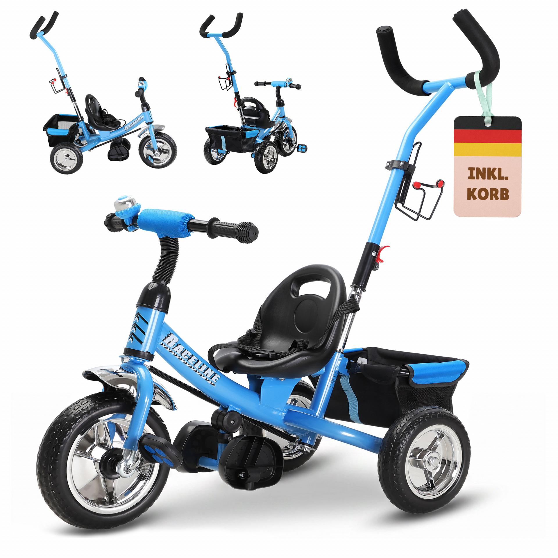 Kinderdreirad Raceline Blau Metall Schiebestange