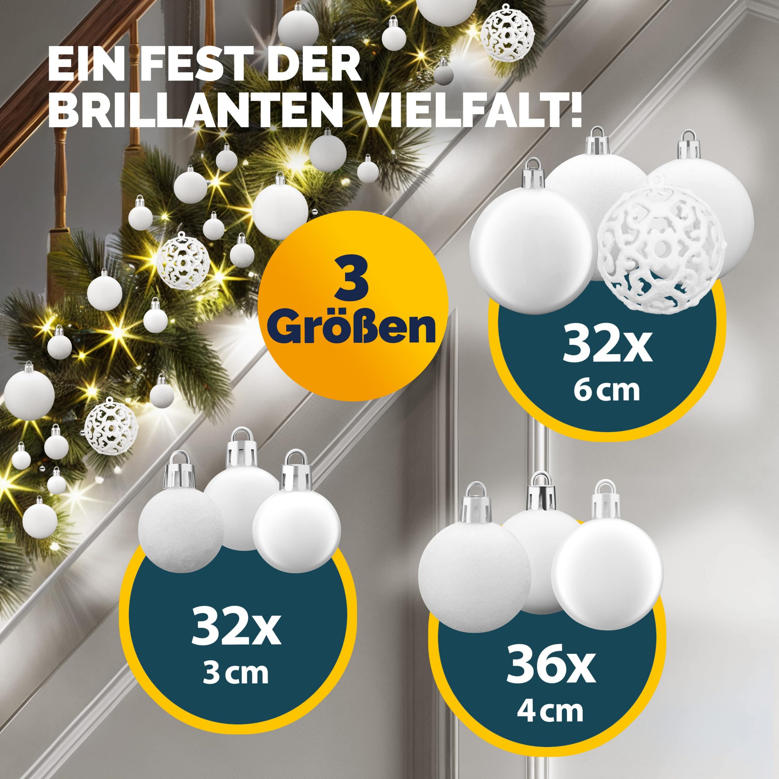 Weihnachtskugeln Weiß 100-tlg in matt, glänzend + glitzernd
