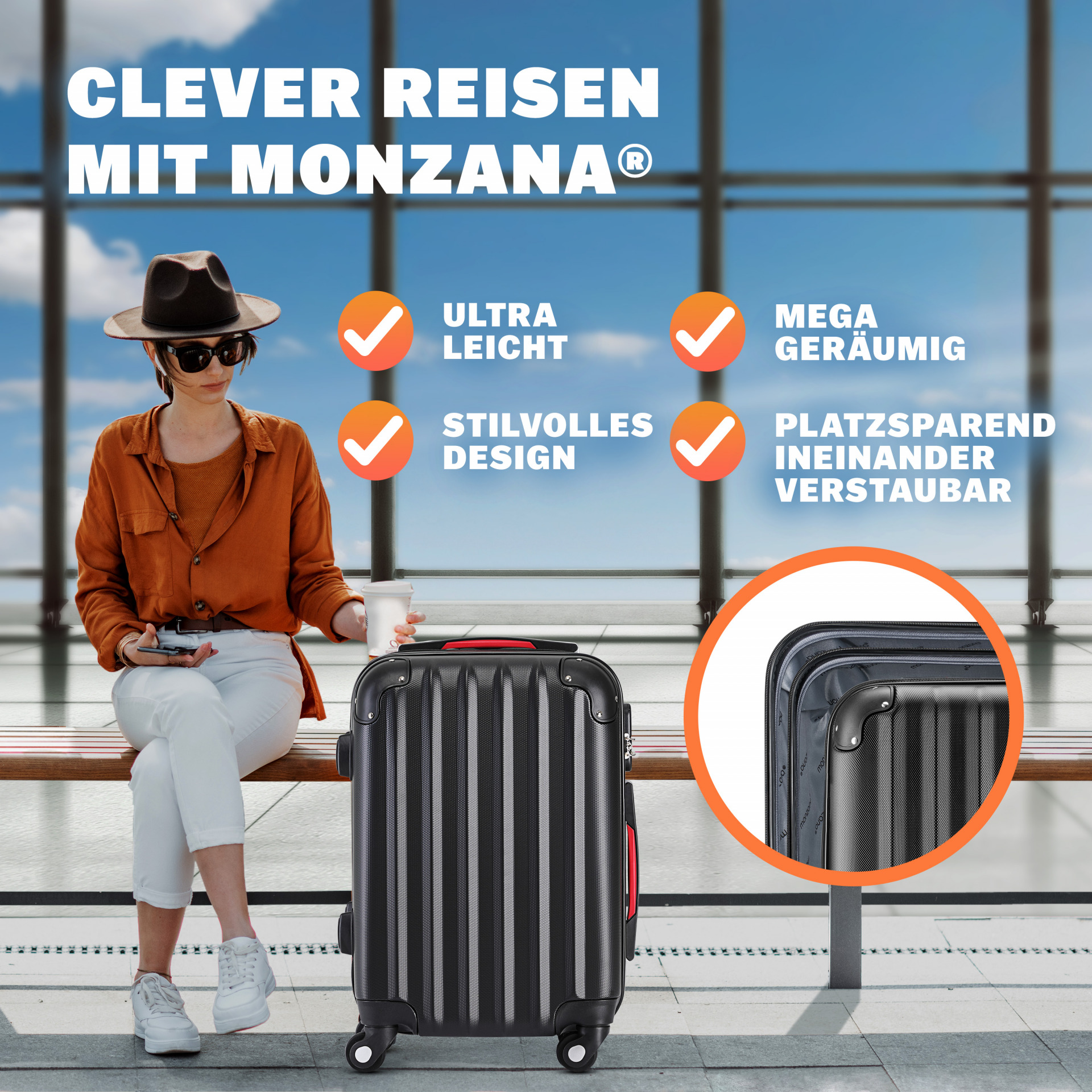 Hartschalenkoffer L Rollen 360º Reisekoffer 62L Schwarz ABS