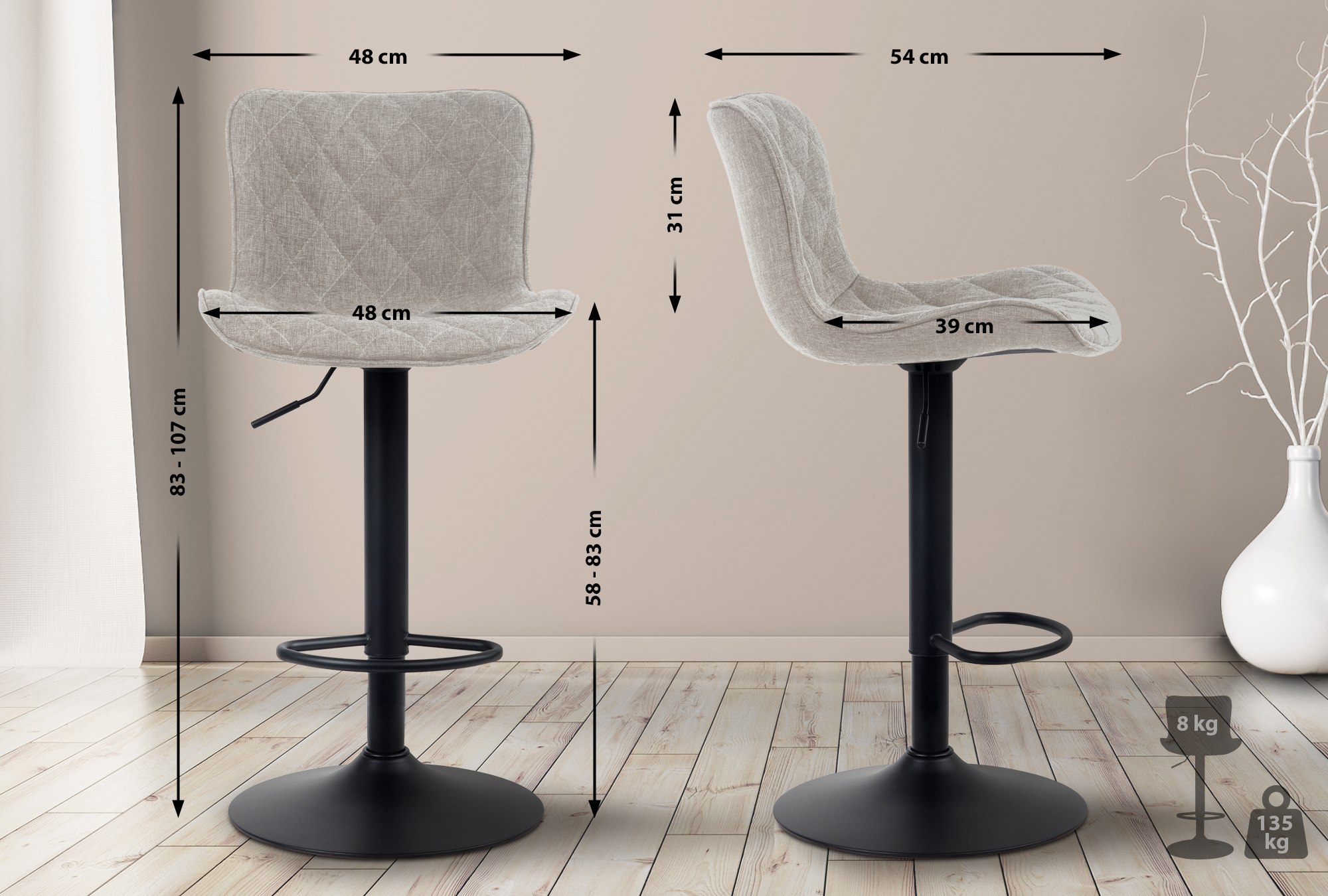 2er Set Barhocker Emma Stoff, taupe