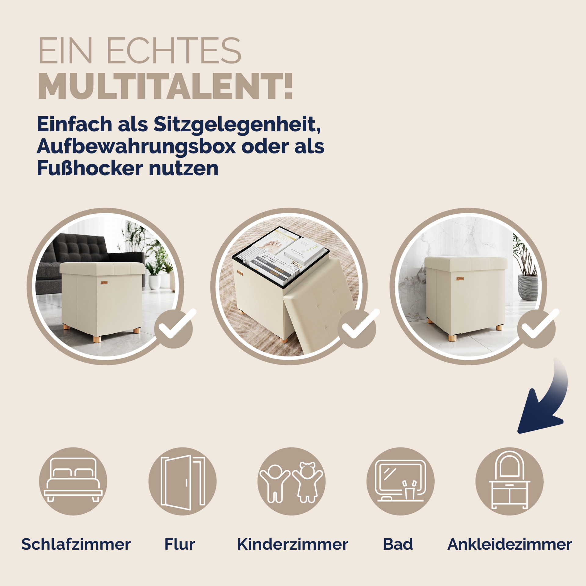 Sitzhocker Beige Samt 42x38x38cm faltbar
