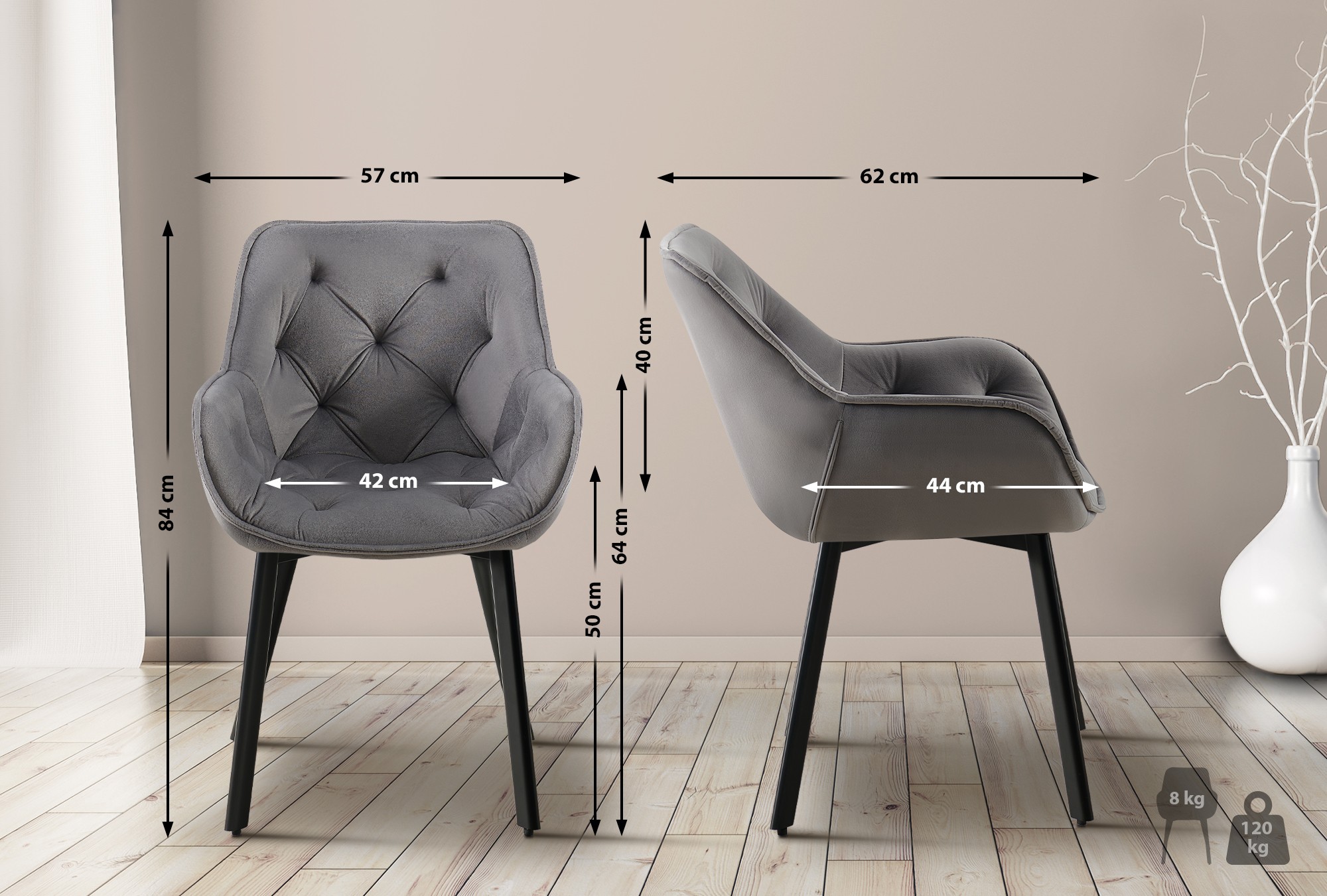 2er Set Esszimmerstuhl Antigo Samt, dunkelgrau