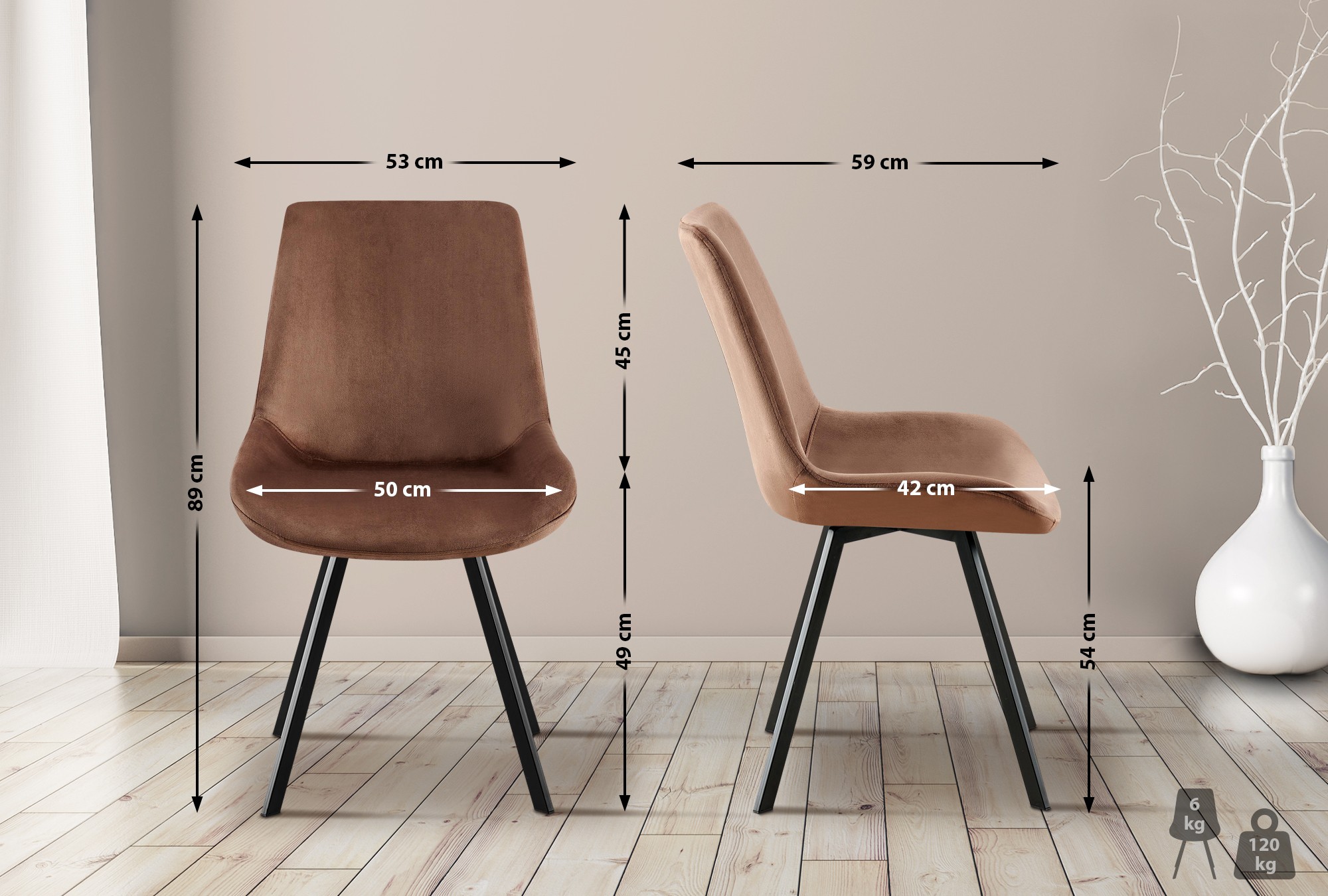 2er Set Esszimmerstuhl Lewes Samt, braun