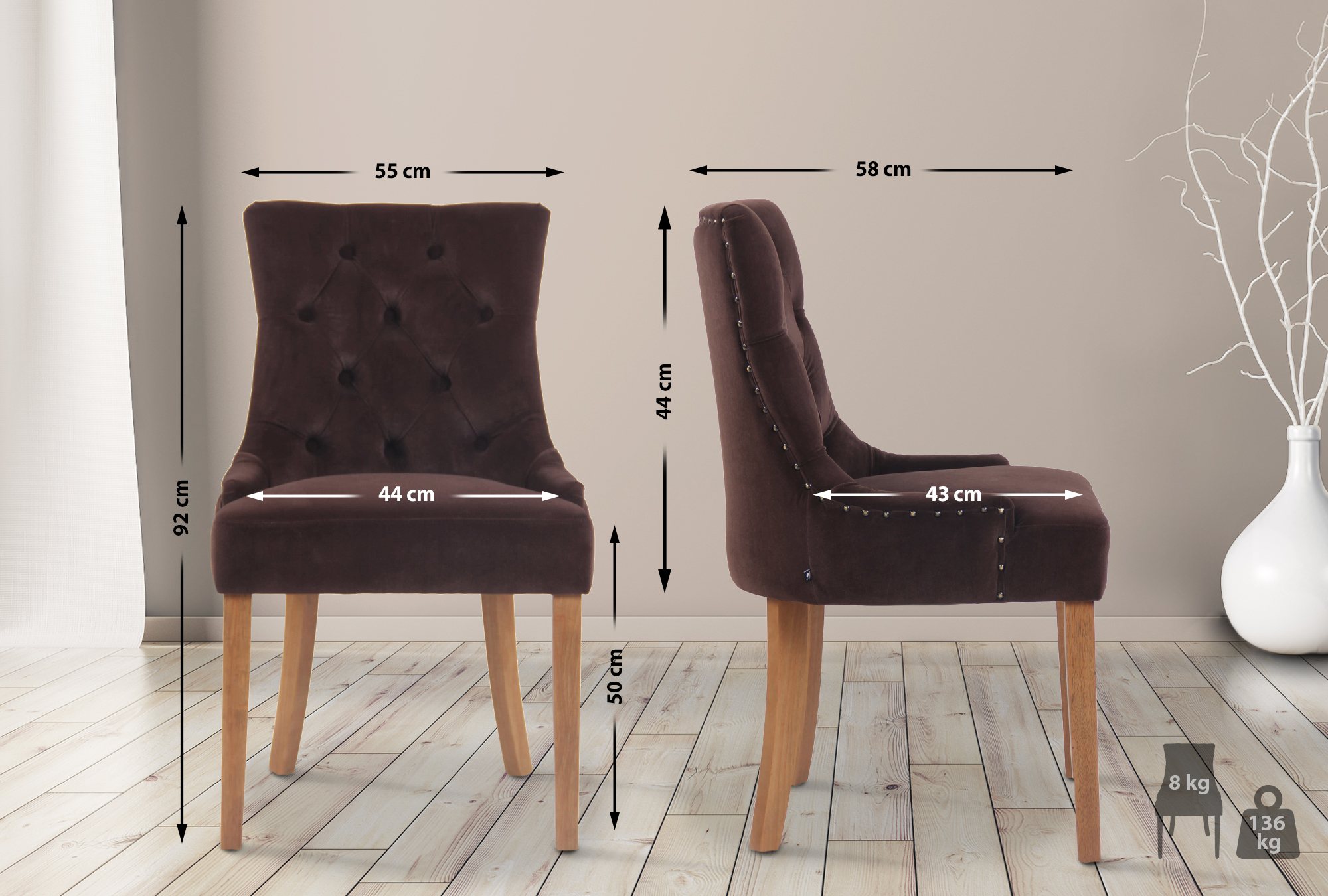 4er Set Esszimmerstühle Aberdeen Samt antik-hell, braun