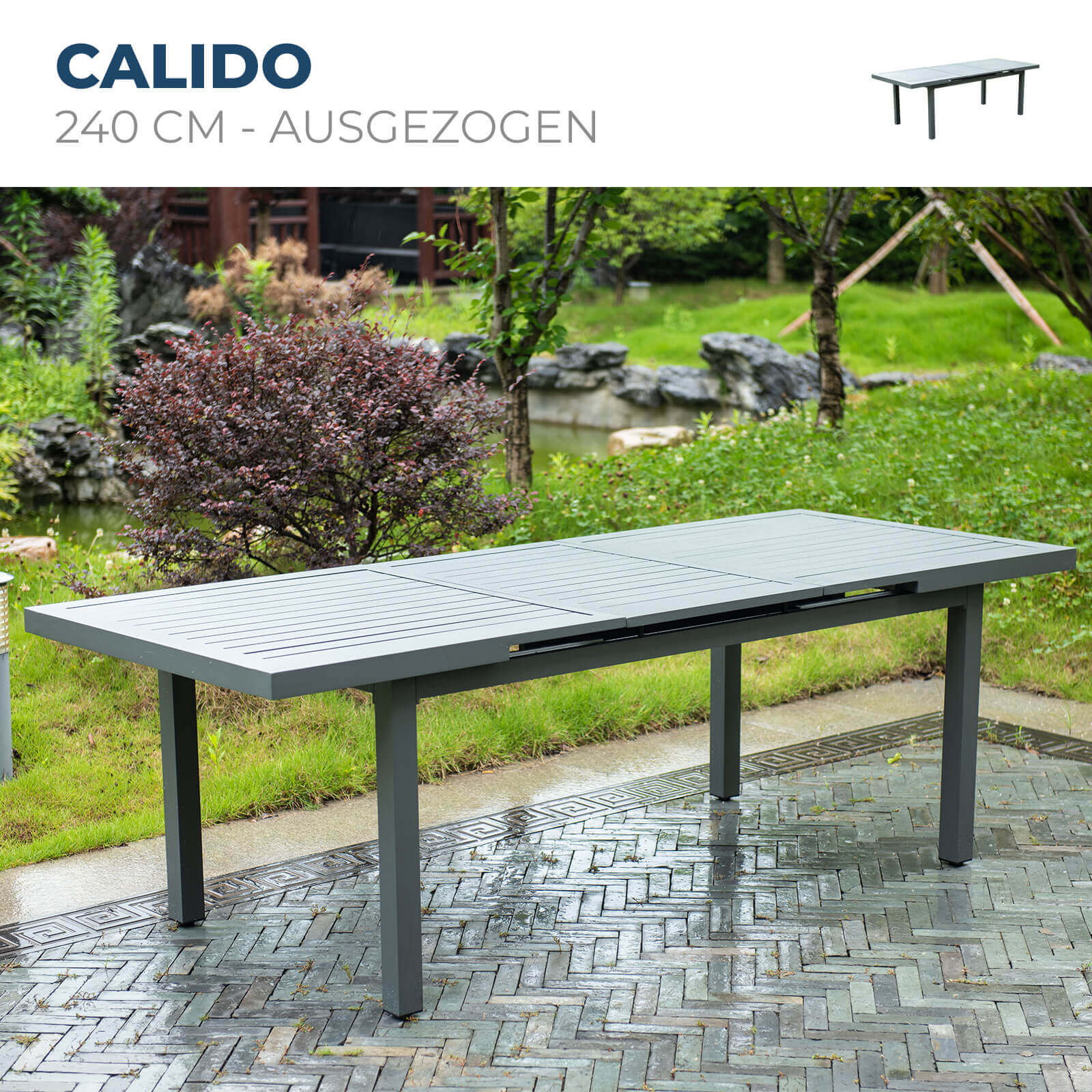 Garten-Sitzgruppe CALIDO MADERA inklusive ausziehbarer Gartentisch + 2 Stühlen