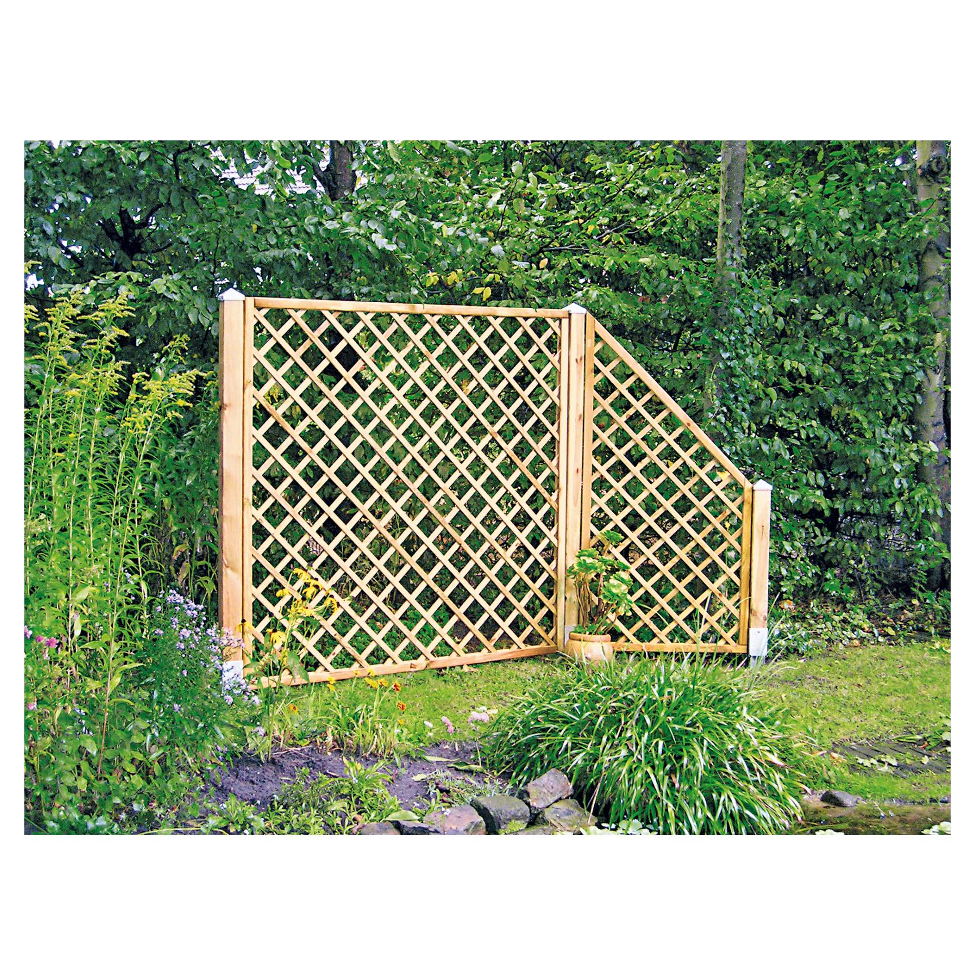 Diagonal-Rankzaun ECKE 90 x 180/90 cm, MW 10 x 10 cm, Rahmen 45/45 mm, kdi grün, Leisten 12 x 30 mm, genagelt
