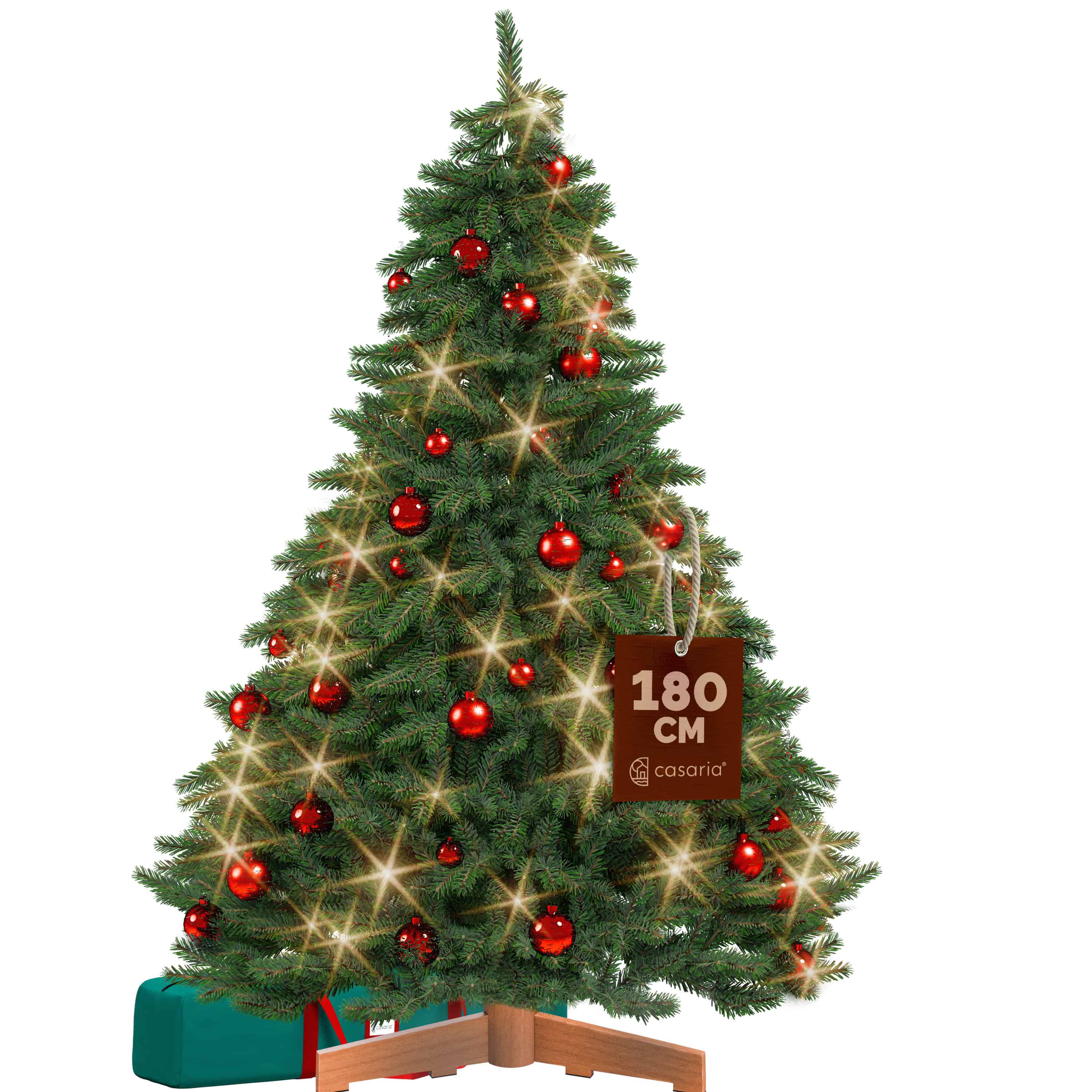 Künstlicher Weihnachtsbaum Premium 180cm + Kugeln Rot + Lichterkette warmweiß