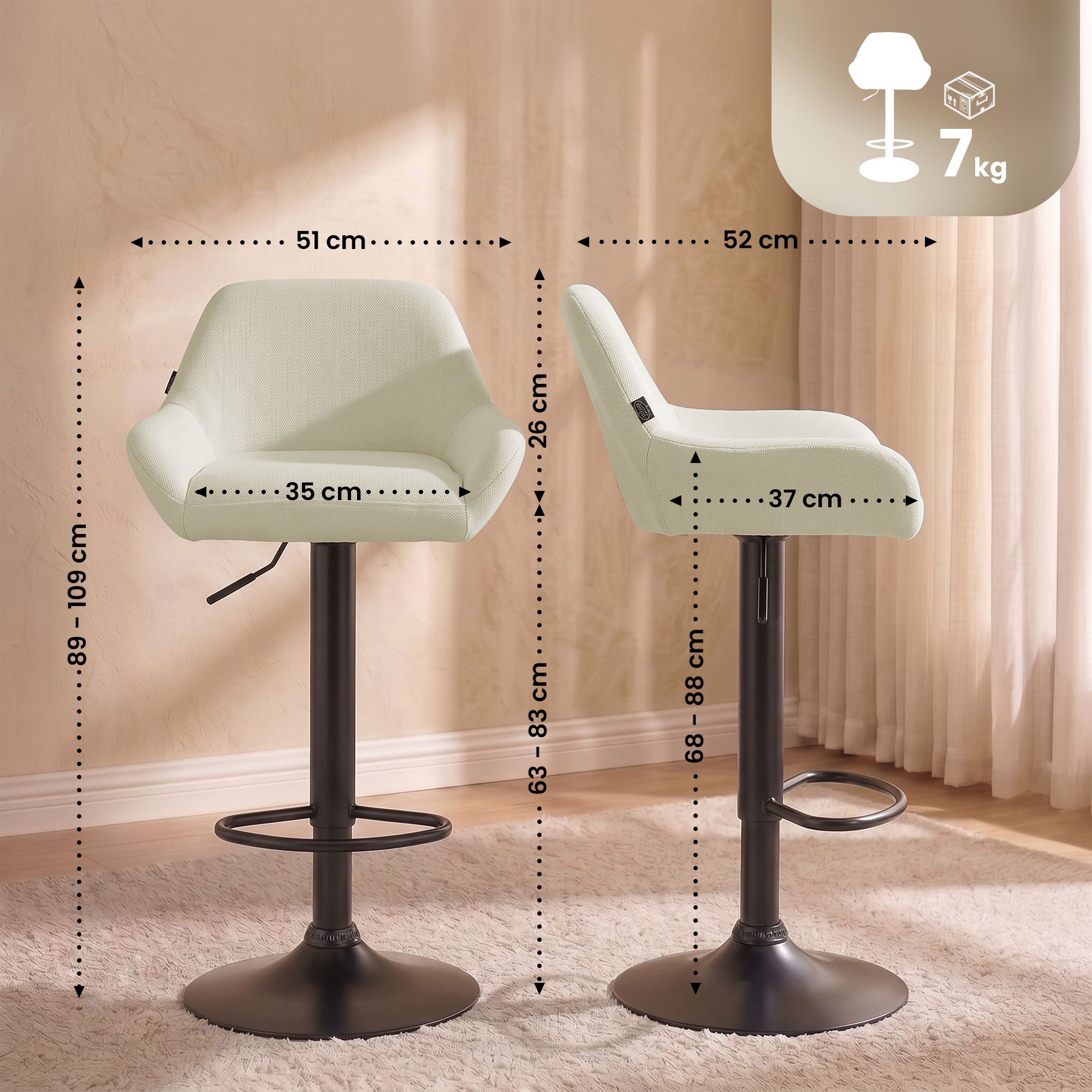 2er Set Barhocker Braga Stoff schwarz, creme