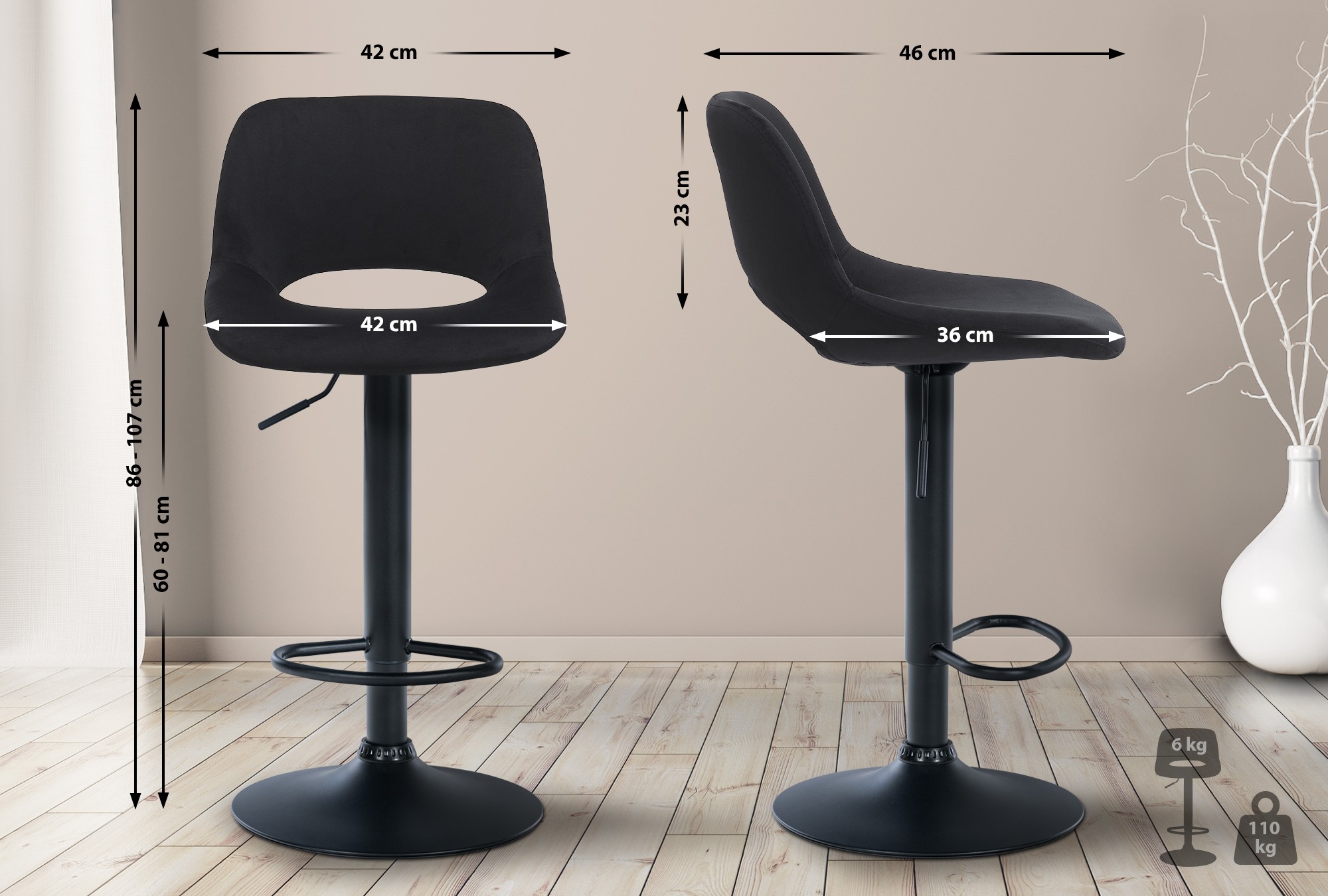 Barhocker Camden Samt schwarz, schwarz