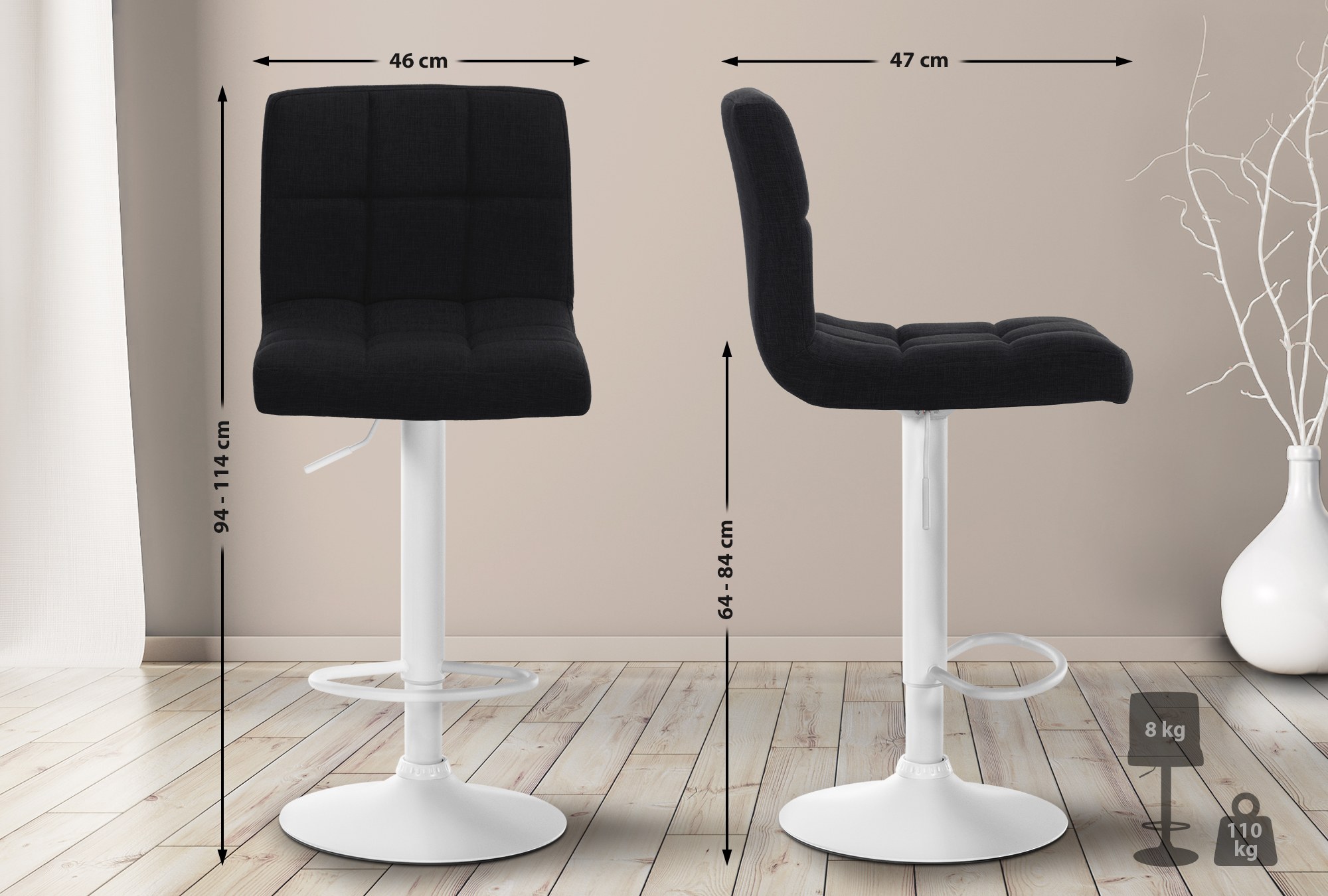 2er Set Barhocker Calma Stoff weiß, schwarz