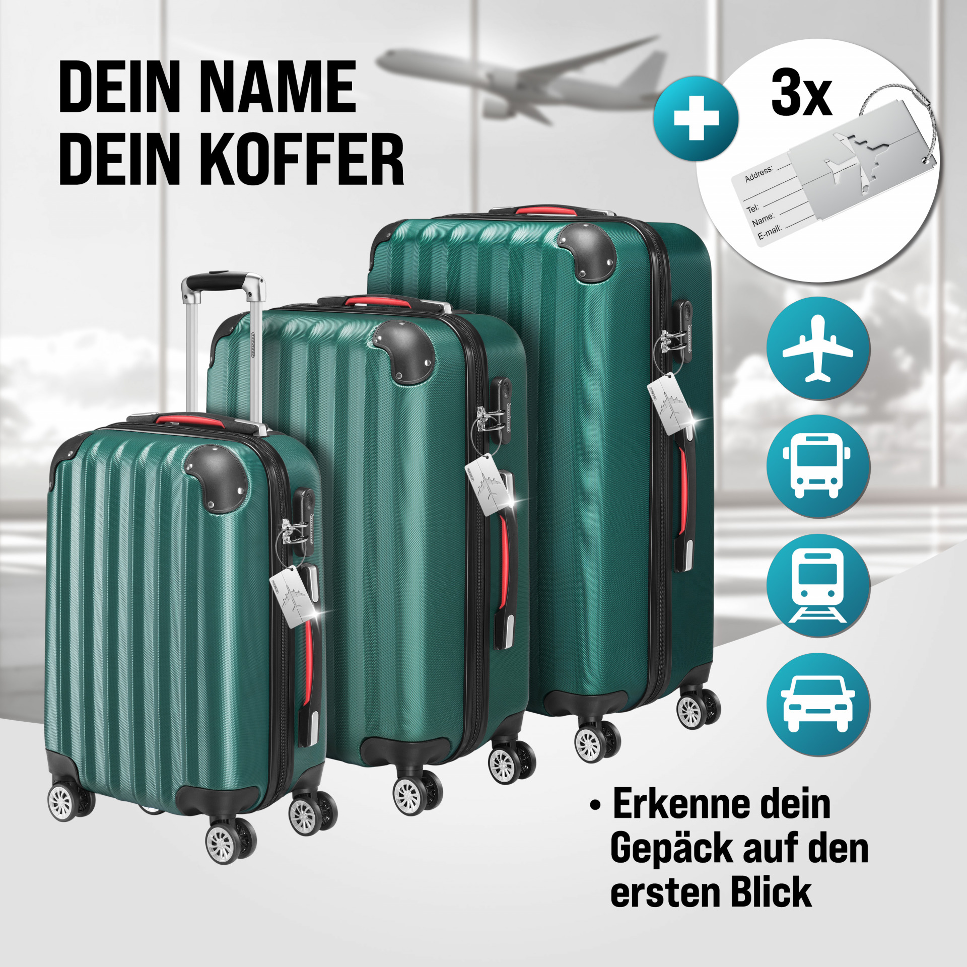 Hartschalenkoffer Set 3-tlg mit Zubehör Rollen 360º Grün ABS