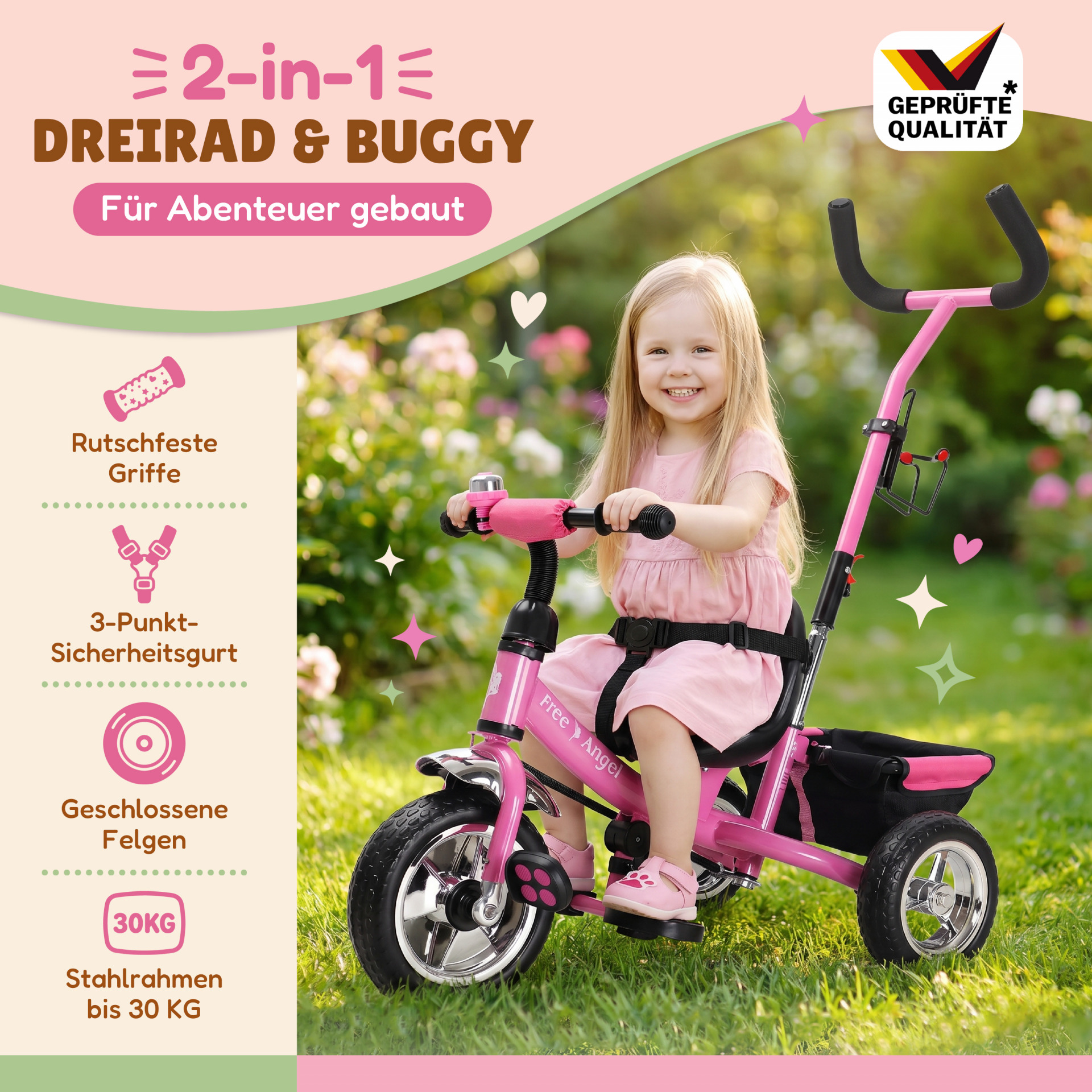 Kinderdreirad Free Angel Pink Metall Schiebestange