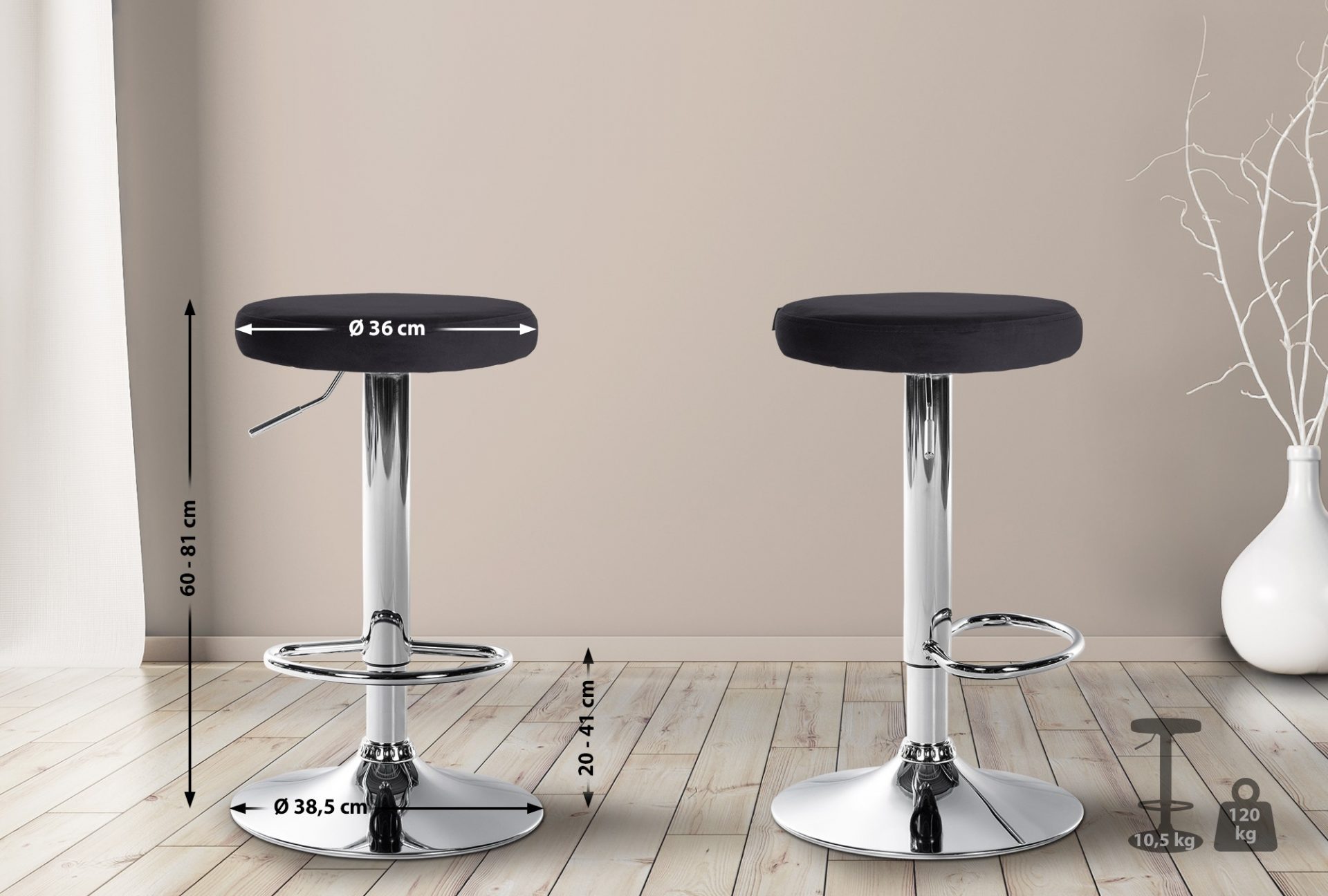 2er Set Barhocker Ponte Samt chrom, schwarz
