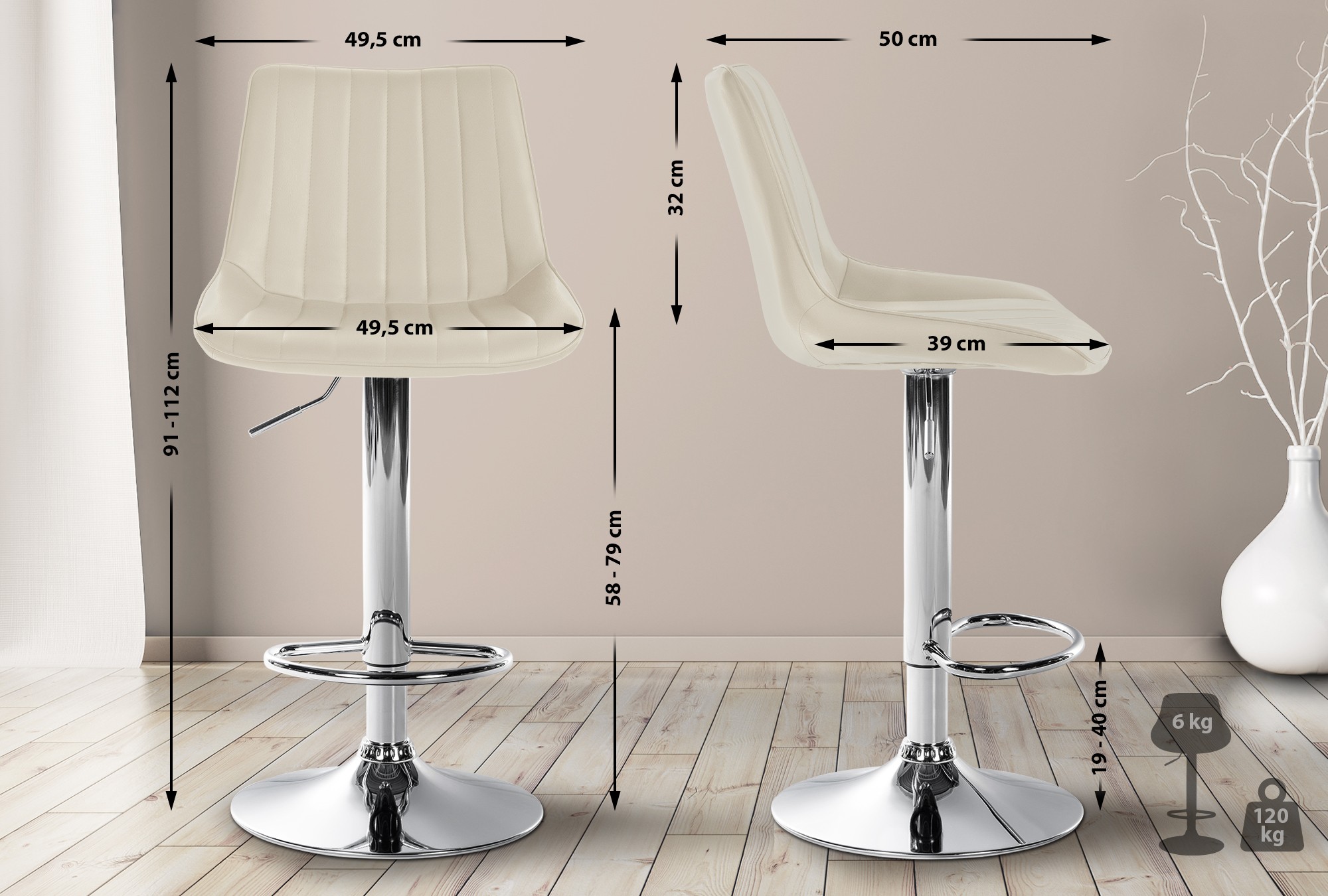 2er Set Barhocker Toni Kunstleder chrom, creme