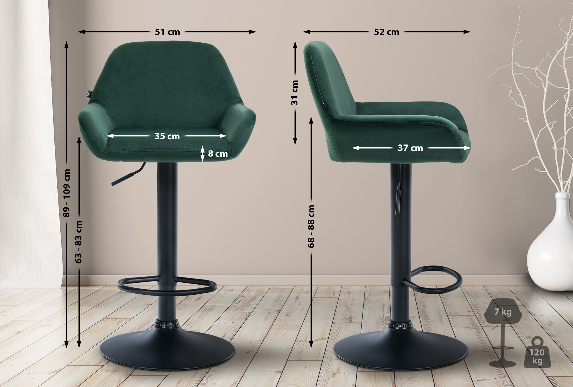 2er Set Barhocker Braga Samt schwarz, dunkelgrün