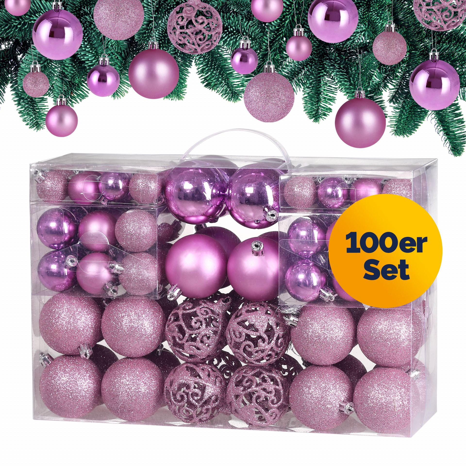 Weihnachtskugeln Rosa 100-tlg in matt, glänzend + glitzernd