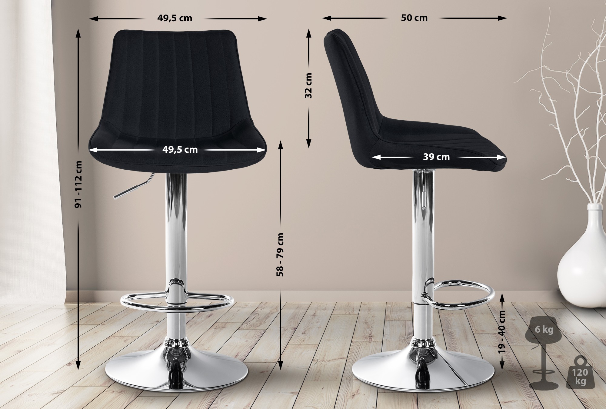 2er Set Barhocker Toni Stoff chrom, schwarz