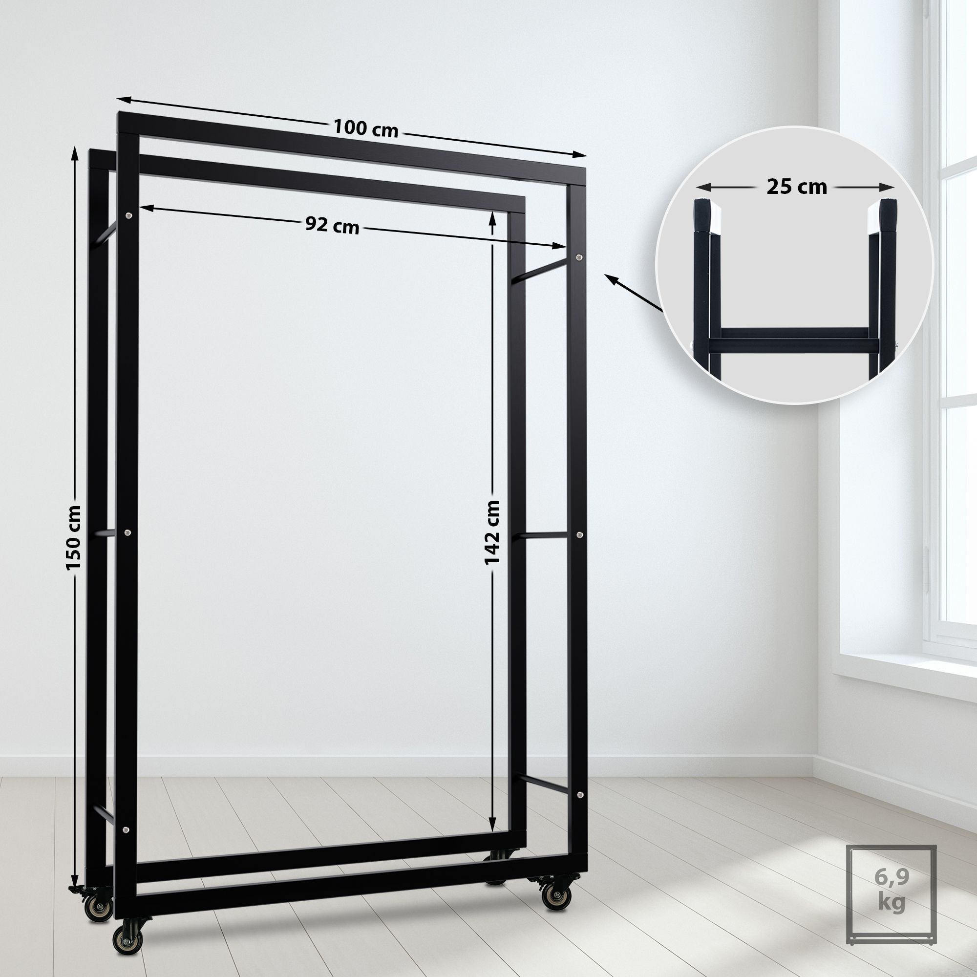 Kaminholzständer Keri mit Rollen 25x100x150, schwarz