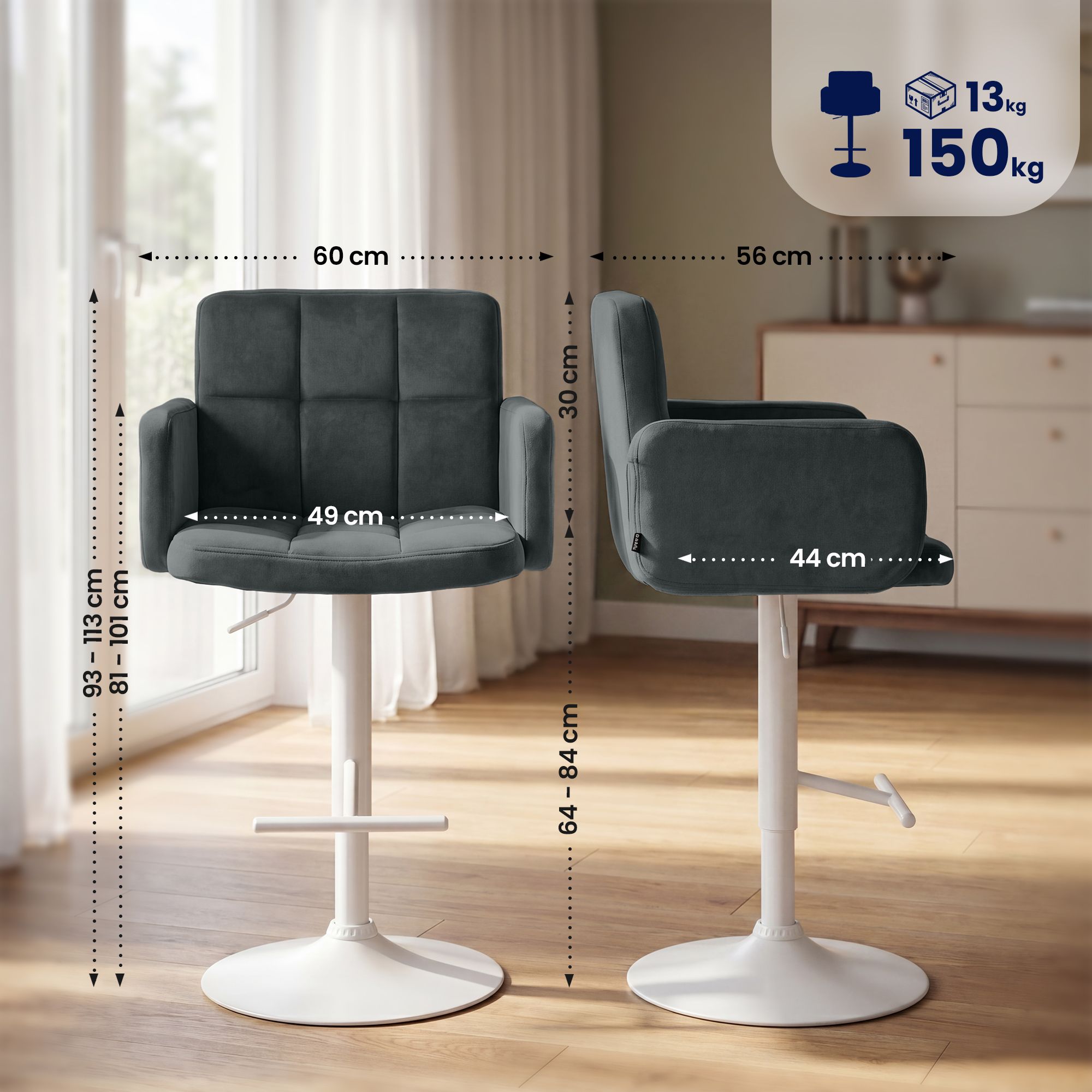 2er Set Barhocker Los Angeles Samt weiß, dunkelgrau