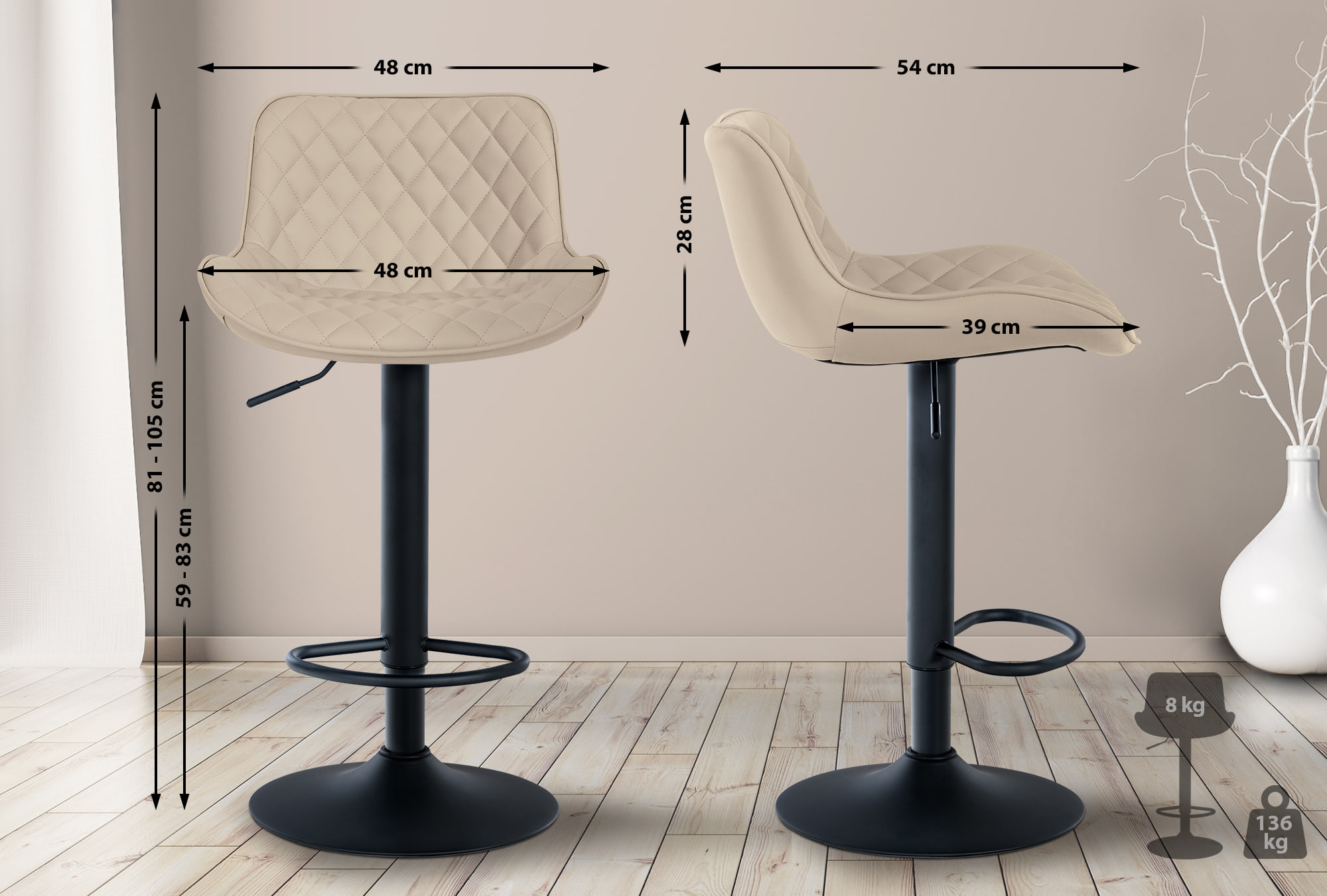 2er Set Barhocker Minosa Kunstleder, creme
