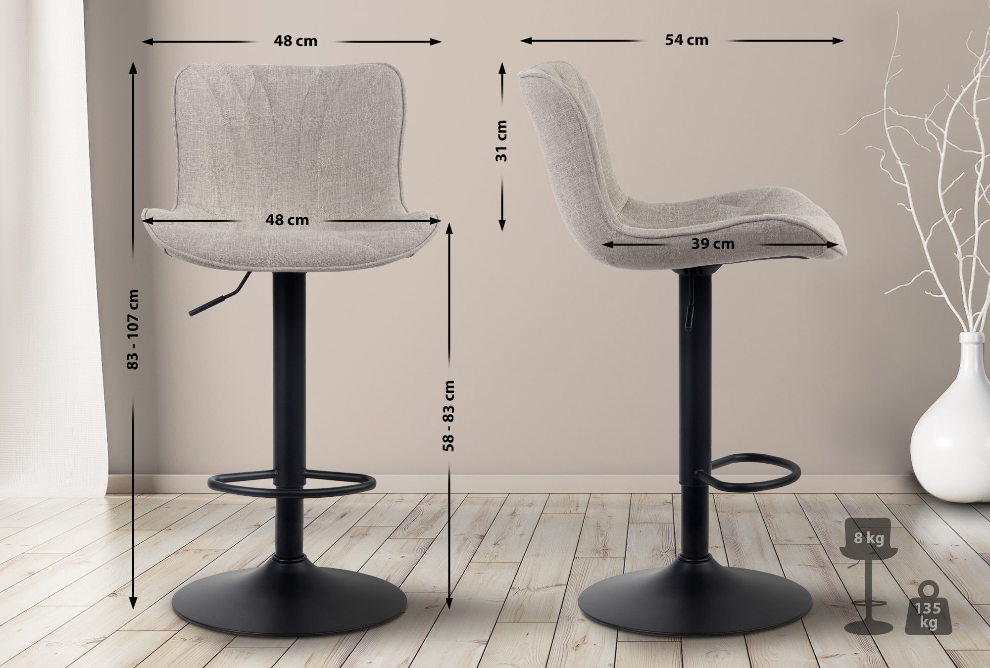 2er Set Barhocker Linus Stoff, taupe