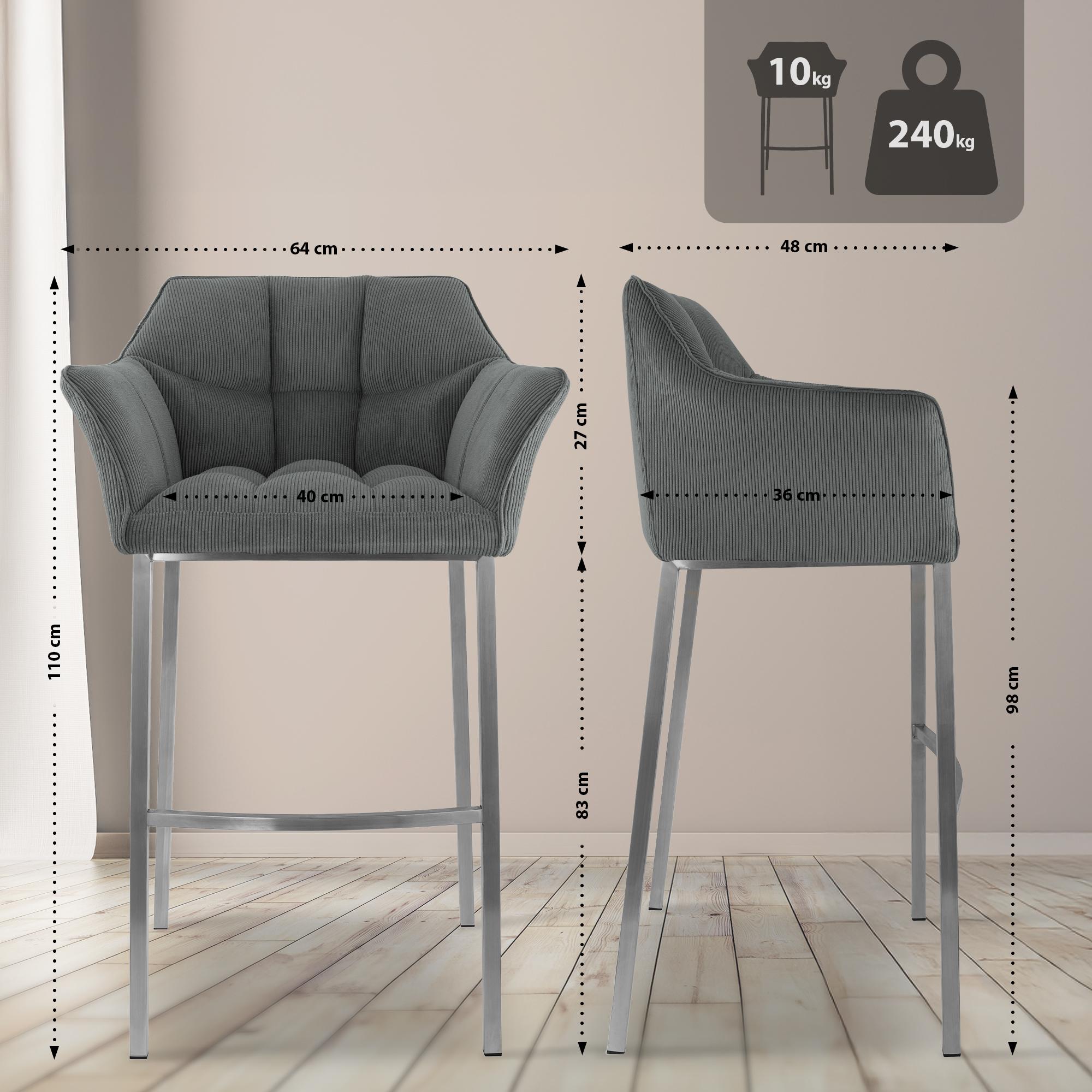 Barhocker Damaso E Cord mit 4-Fuß Gestell, grau