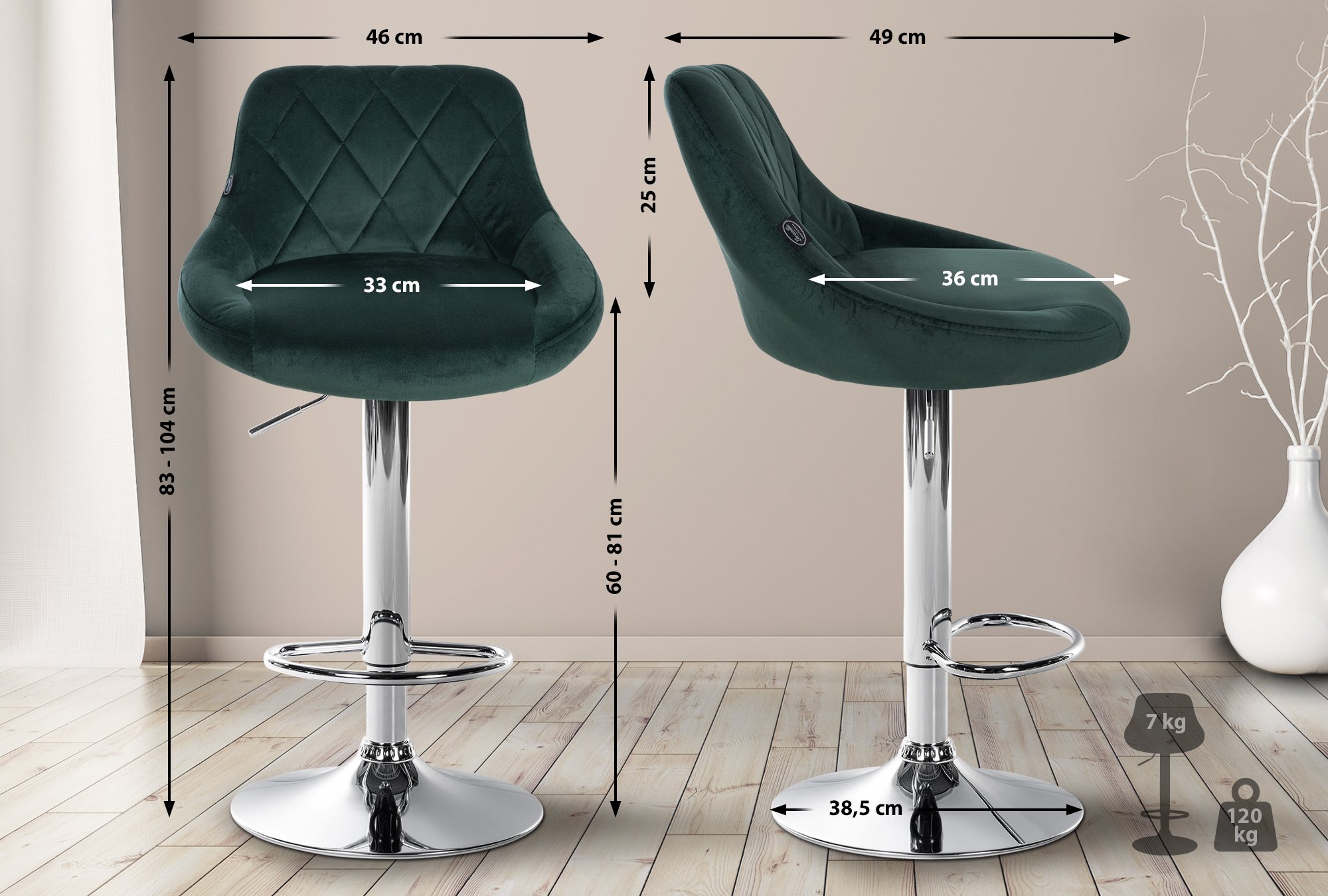 Barhocker Lazio Samt chrom, dunkelgrün