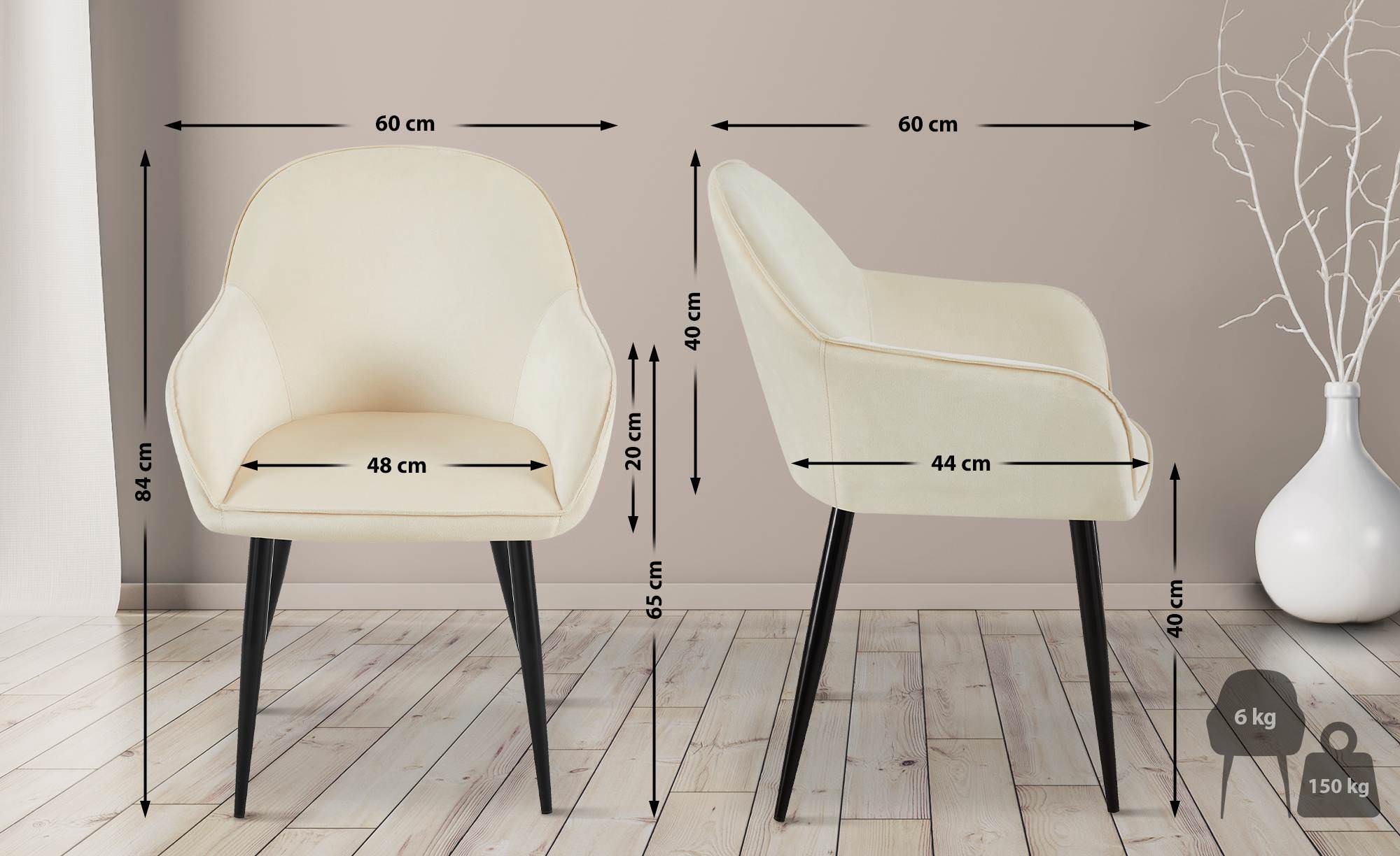 2er Set Esszimmerstuhl Boise Samt, creme