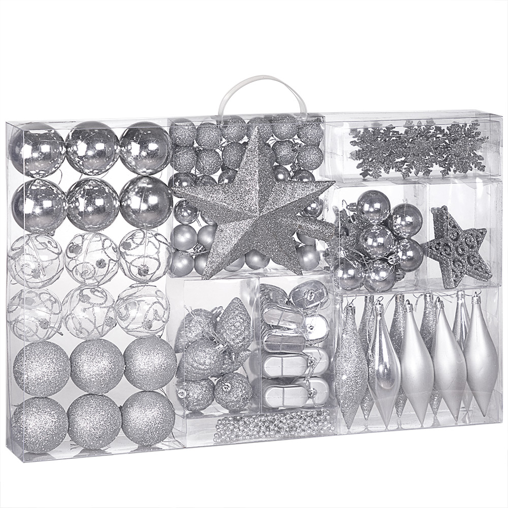 Weihnachtskugeln Silber 102-tlg in matt glänzend + glitzernd