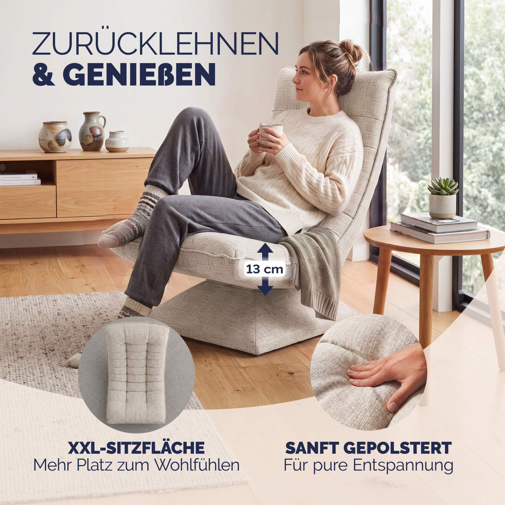 Sessel Aberdeen Creme Stoff 5fach verstellbar 360 Grad drehbar klappbar