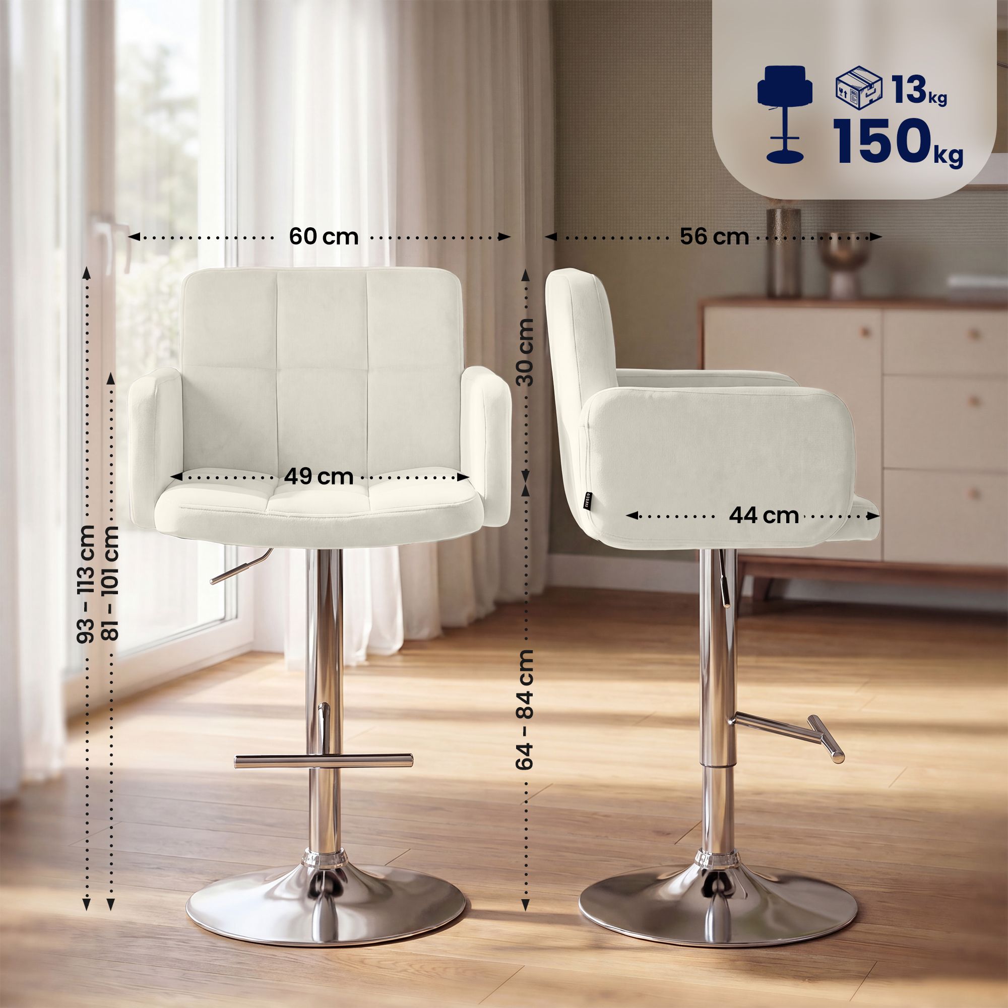 2er Set Barhocker Los Angeles Samt chrom, creme