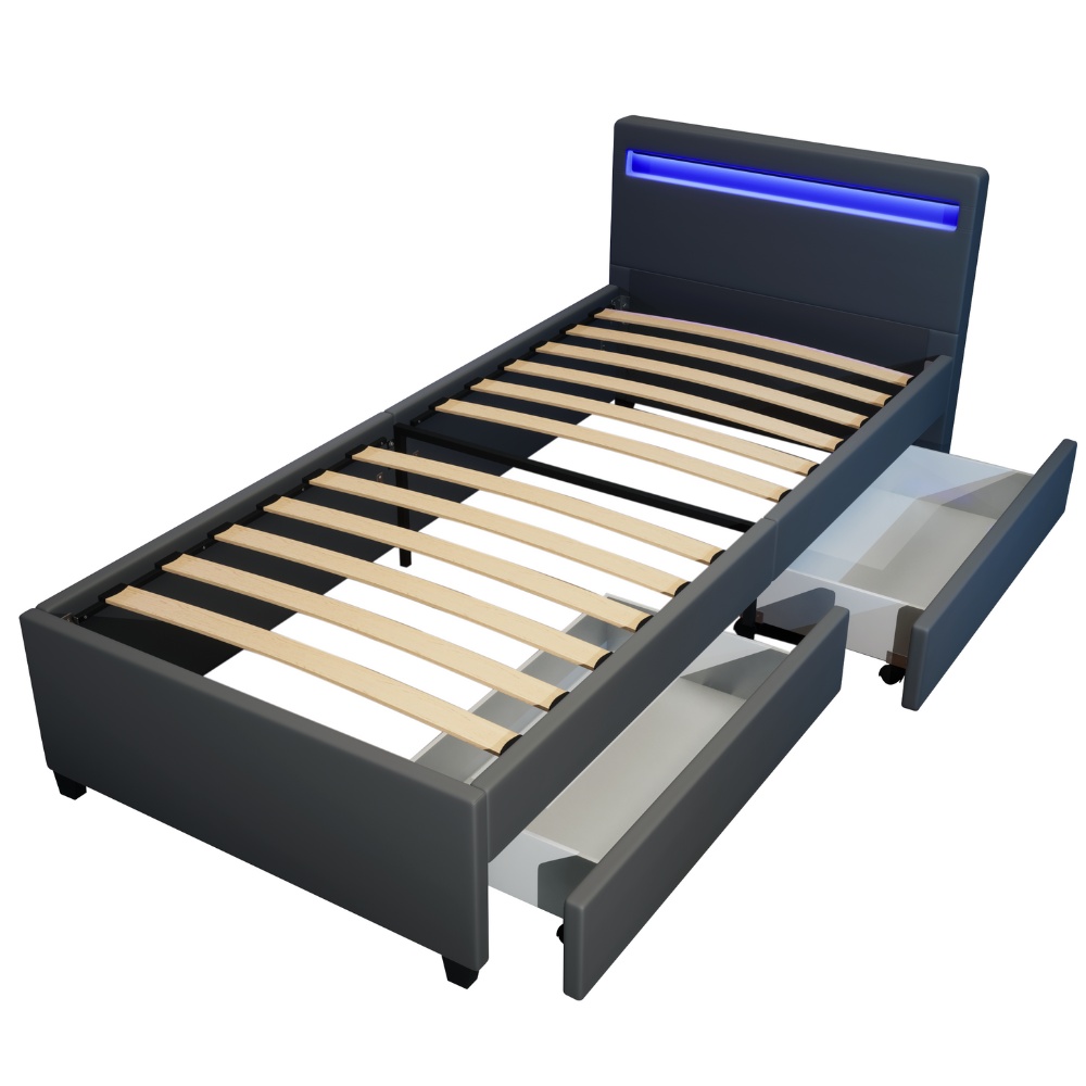 LED Bett mit Schubladen und Matratze NUBE - 90 x 200 cm Dunkelgrau
