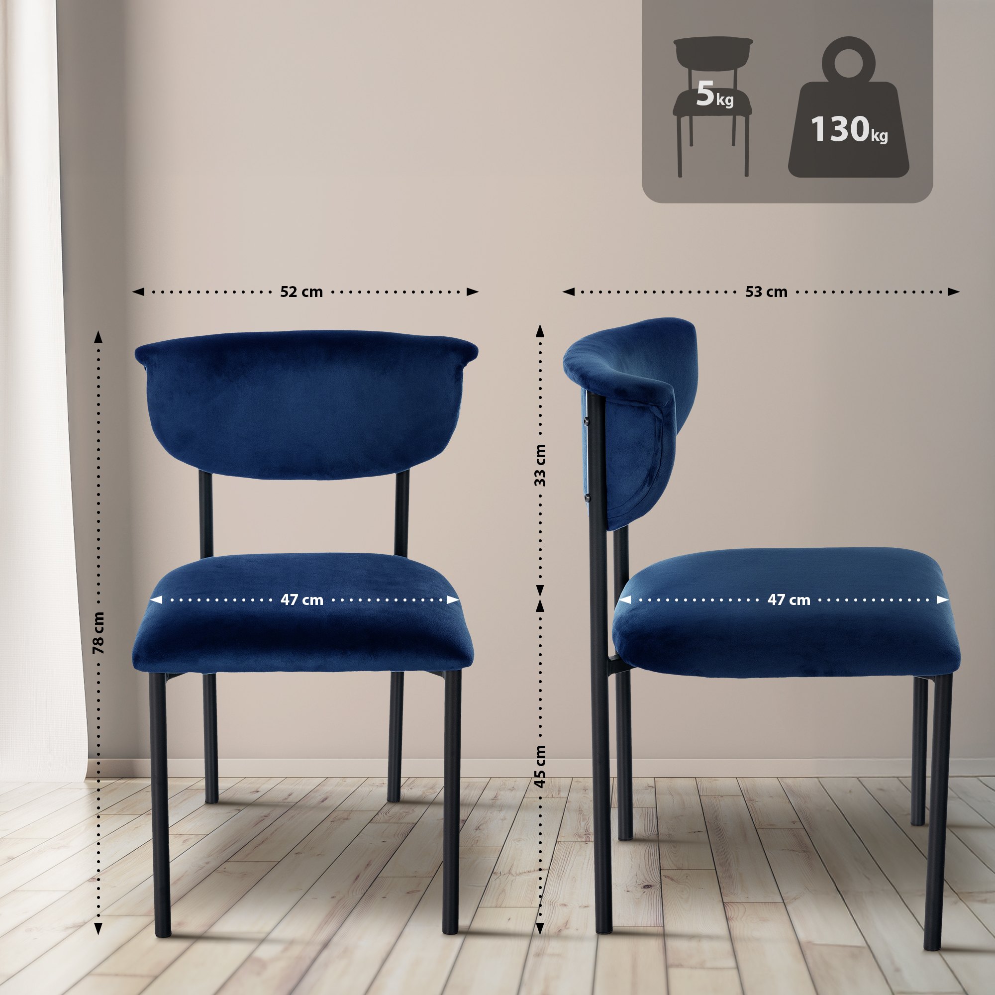 2er Set Besucherstuhl Gambell Samt, dunkelblau