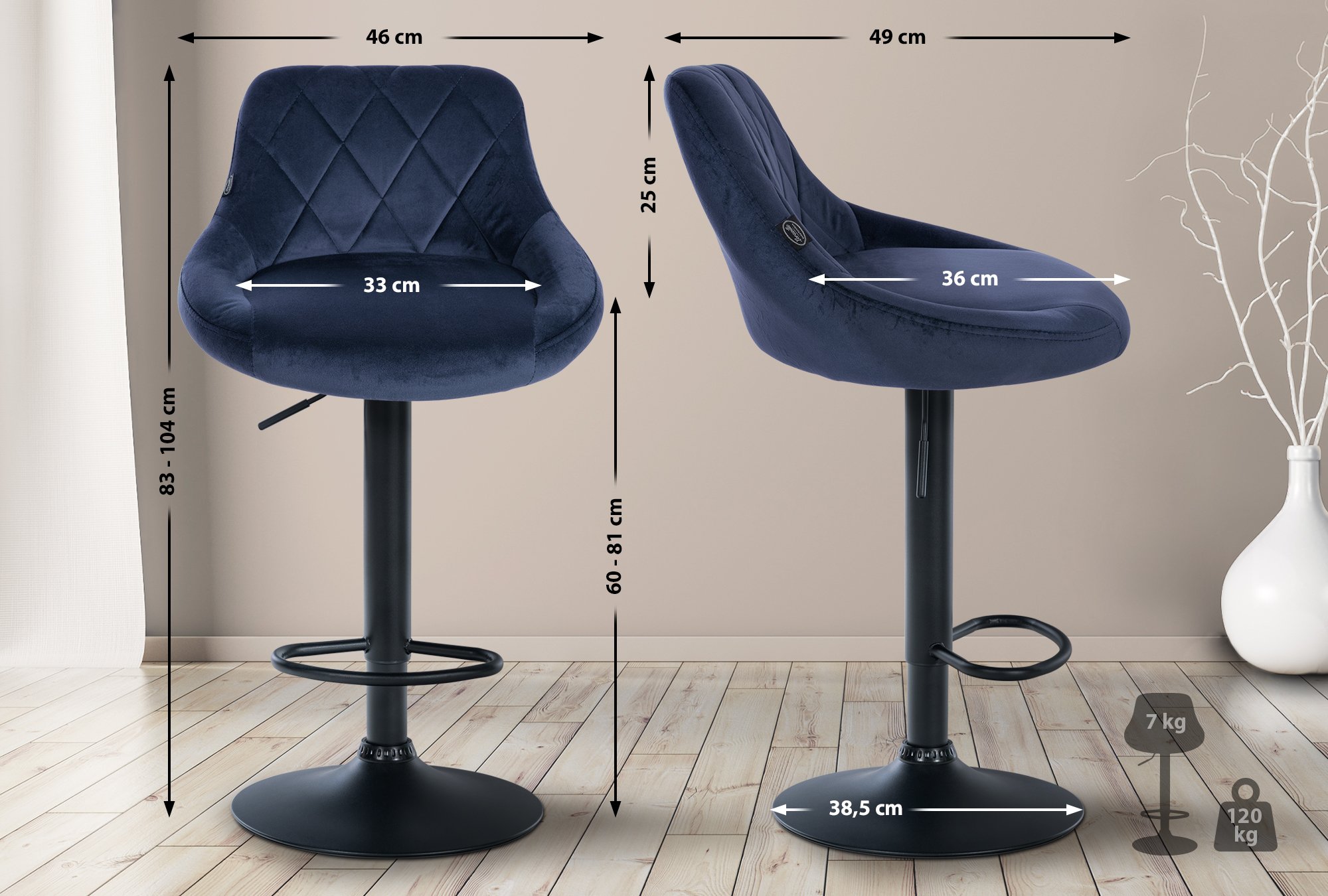 2er Set Barhocker Lazio Samt schwarz, blau