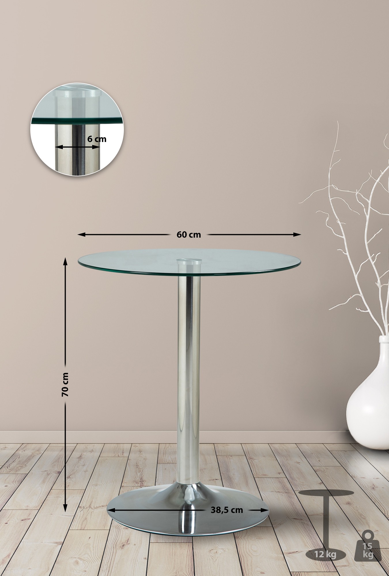 Glastisch 70 cm, klarglas