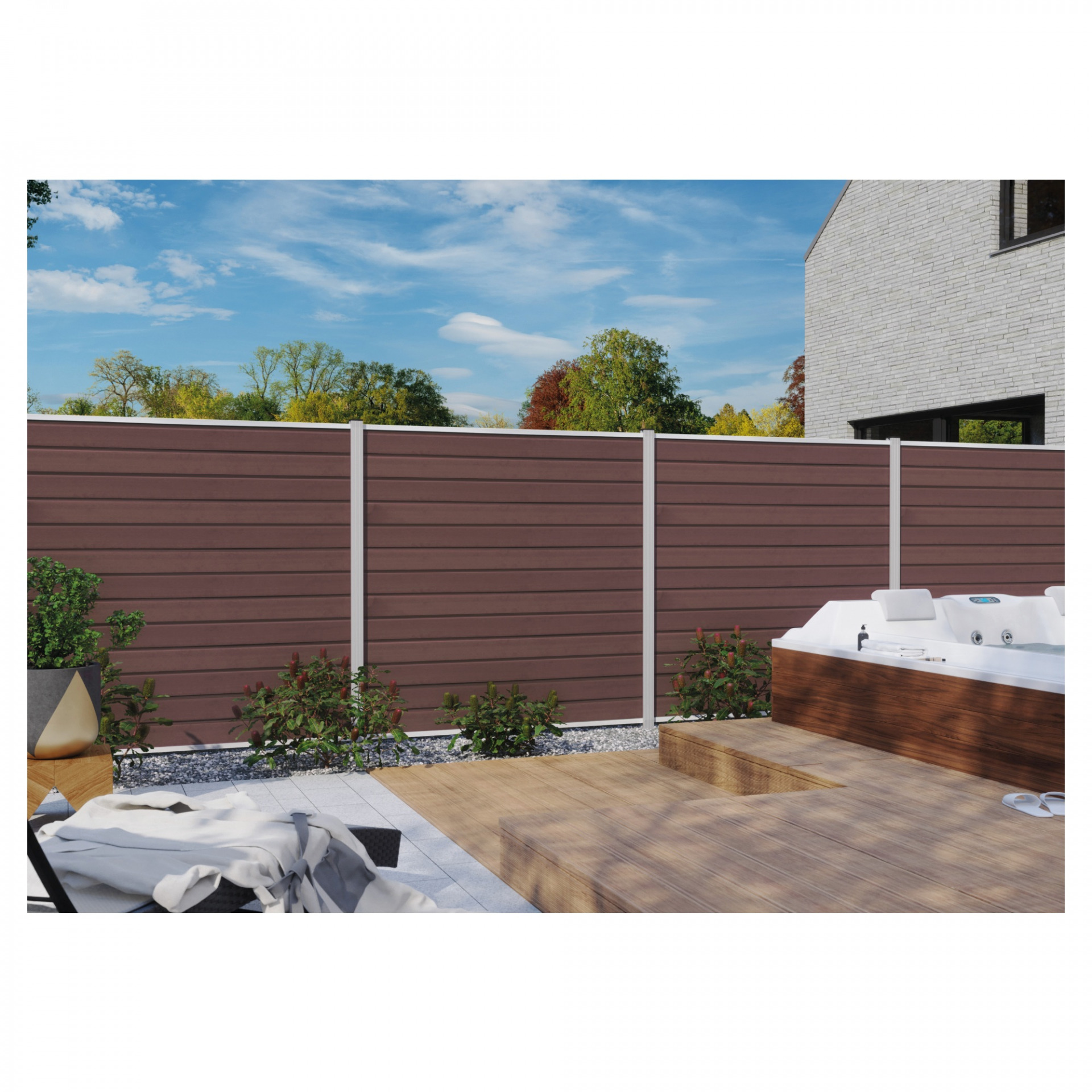 WOLLBACH-Serie, WPC-Steckzaun-Set, ca. 175 x 180 cm, MOKKA, inkl. Start & Abschluss silber