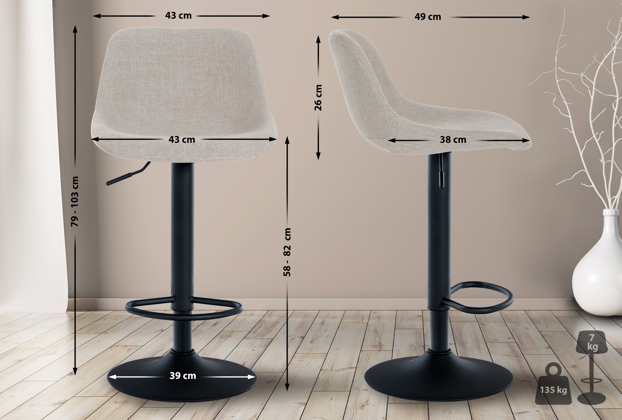 2er Set Barhocker Loft Stoff, creme