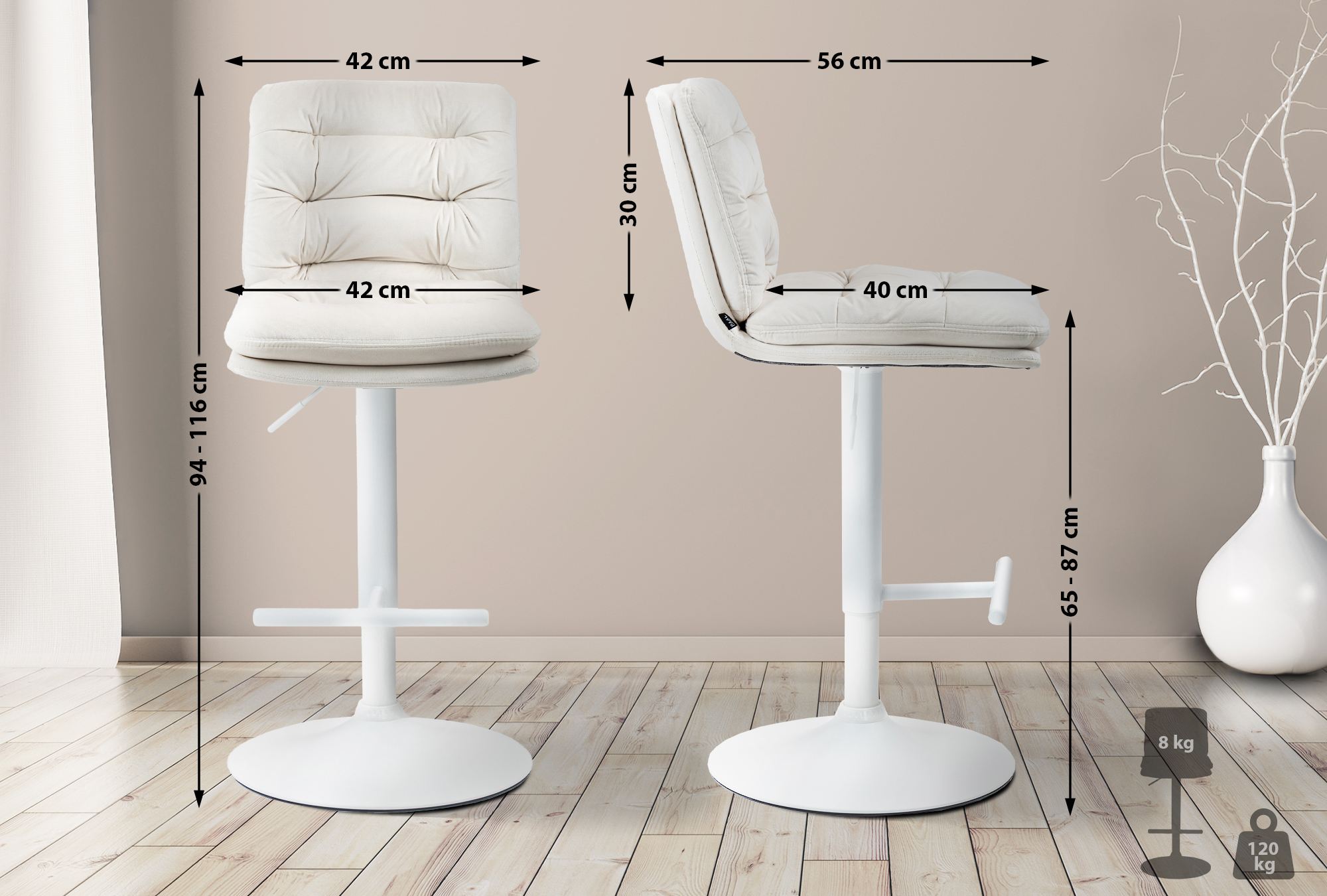 Barhocker Damar Samt weiß, creme