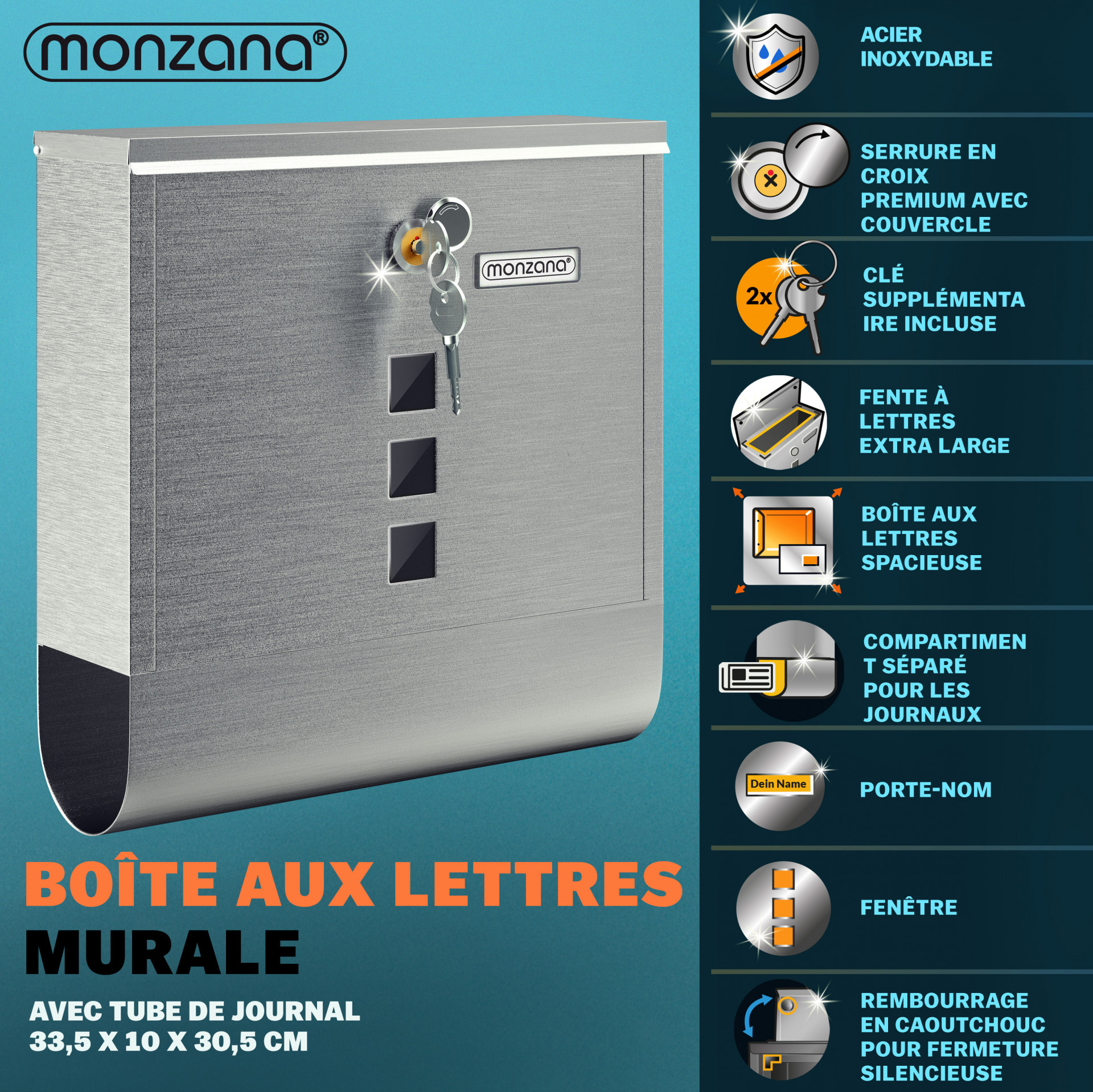 Briefkasten mit Zeitungsrohr Edelstahl Silber
