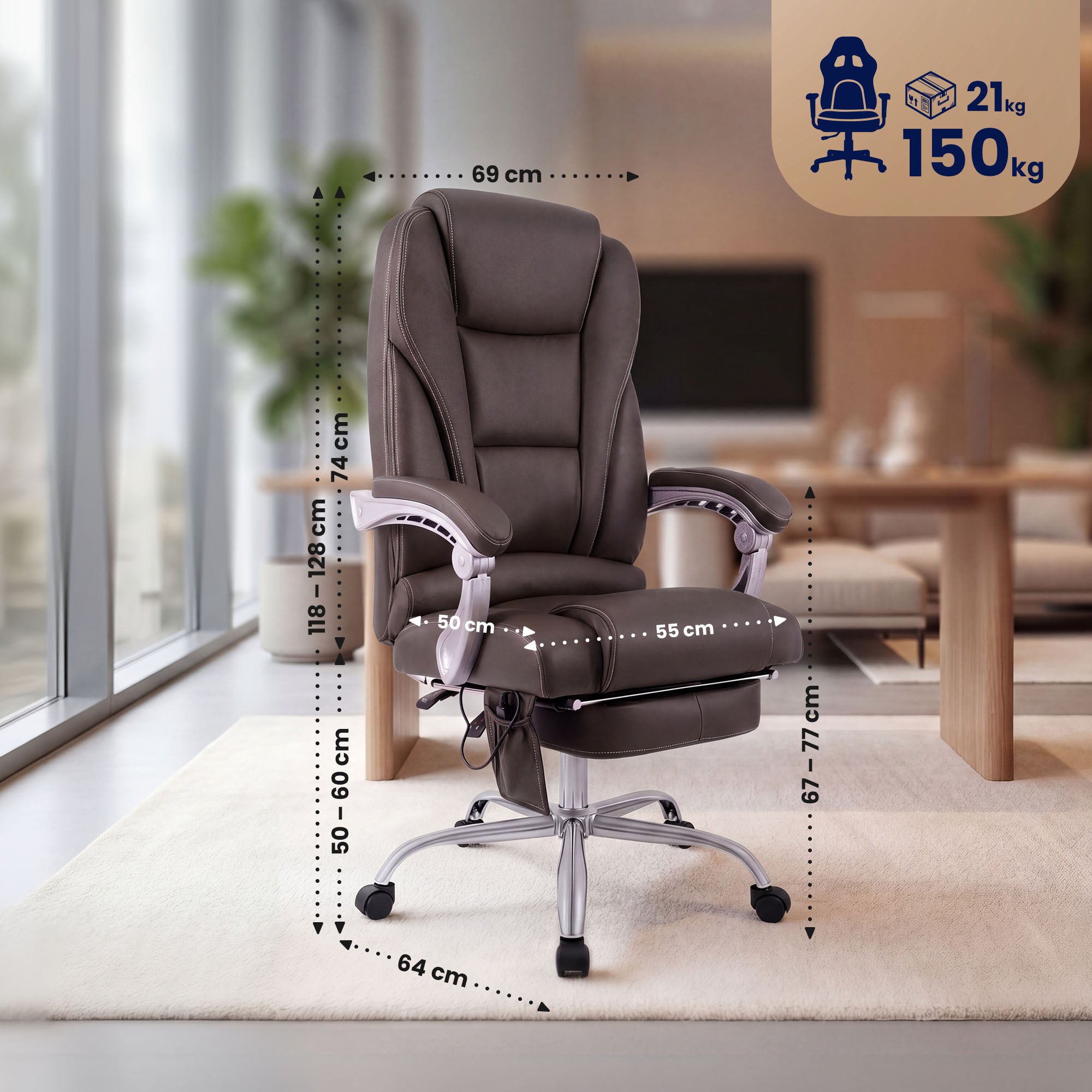 Bürostuhl Pacific Echtleder mit Massagefunktion, braun