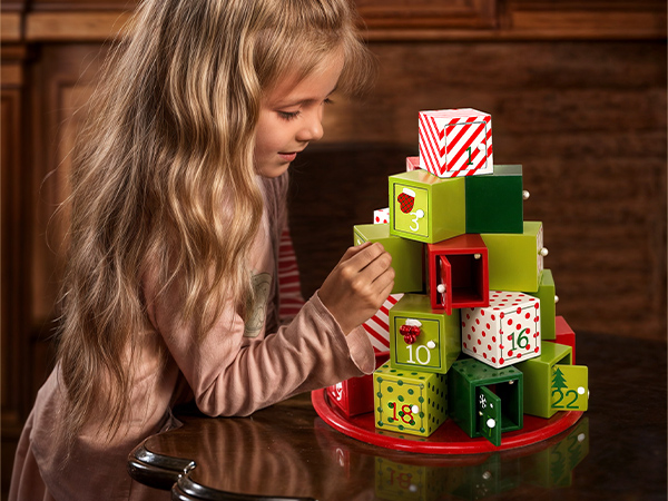 Adventskalender Geschenkpyramide Holz rund