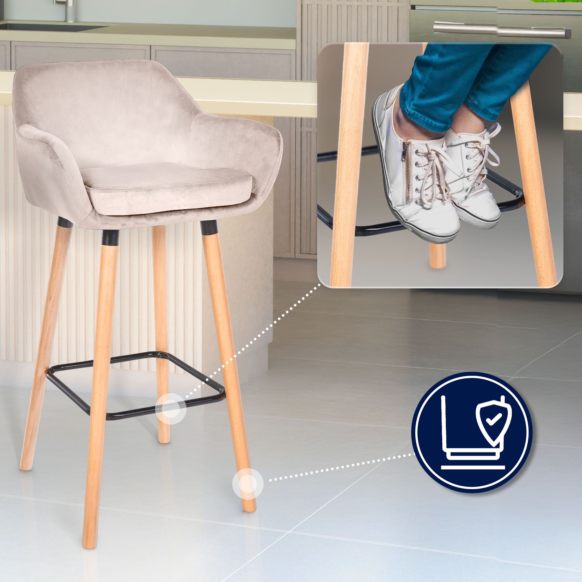 2er Set Barhocker Grant Samt, creme