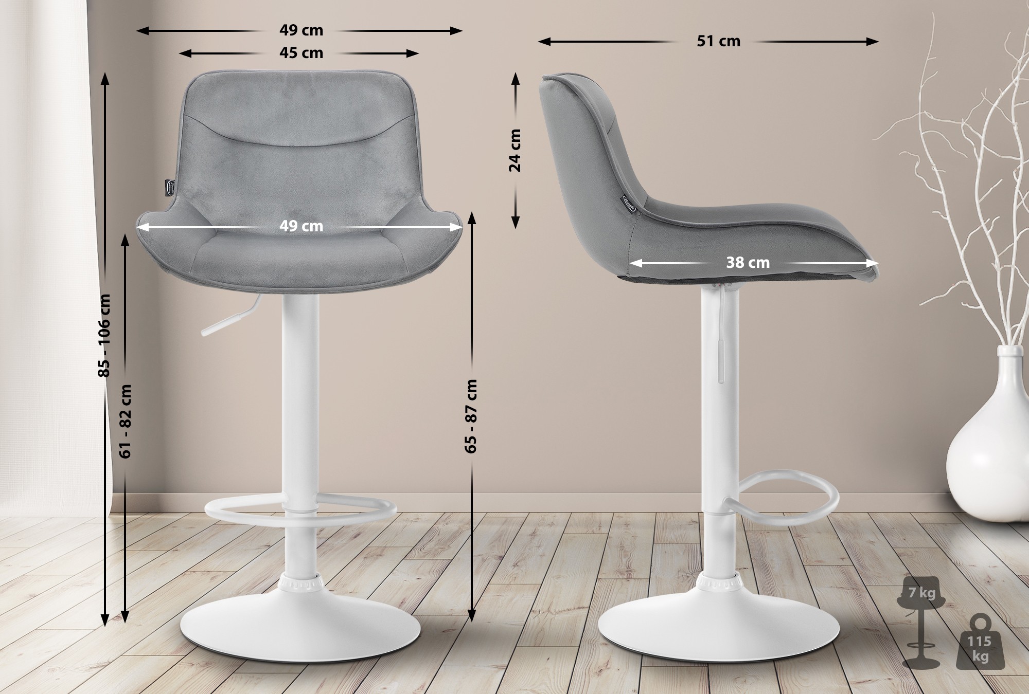 2er Set Barhocker Vonore Samt weiß, grau