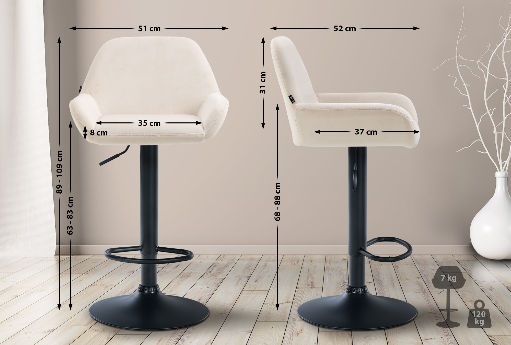 2er Set Barhocker Braga Samt schwarz, creme